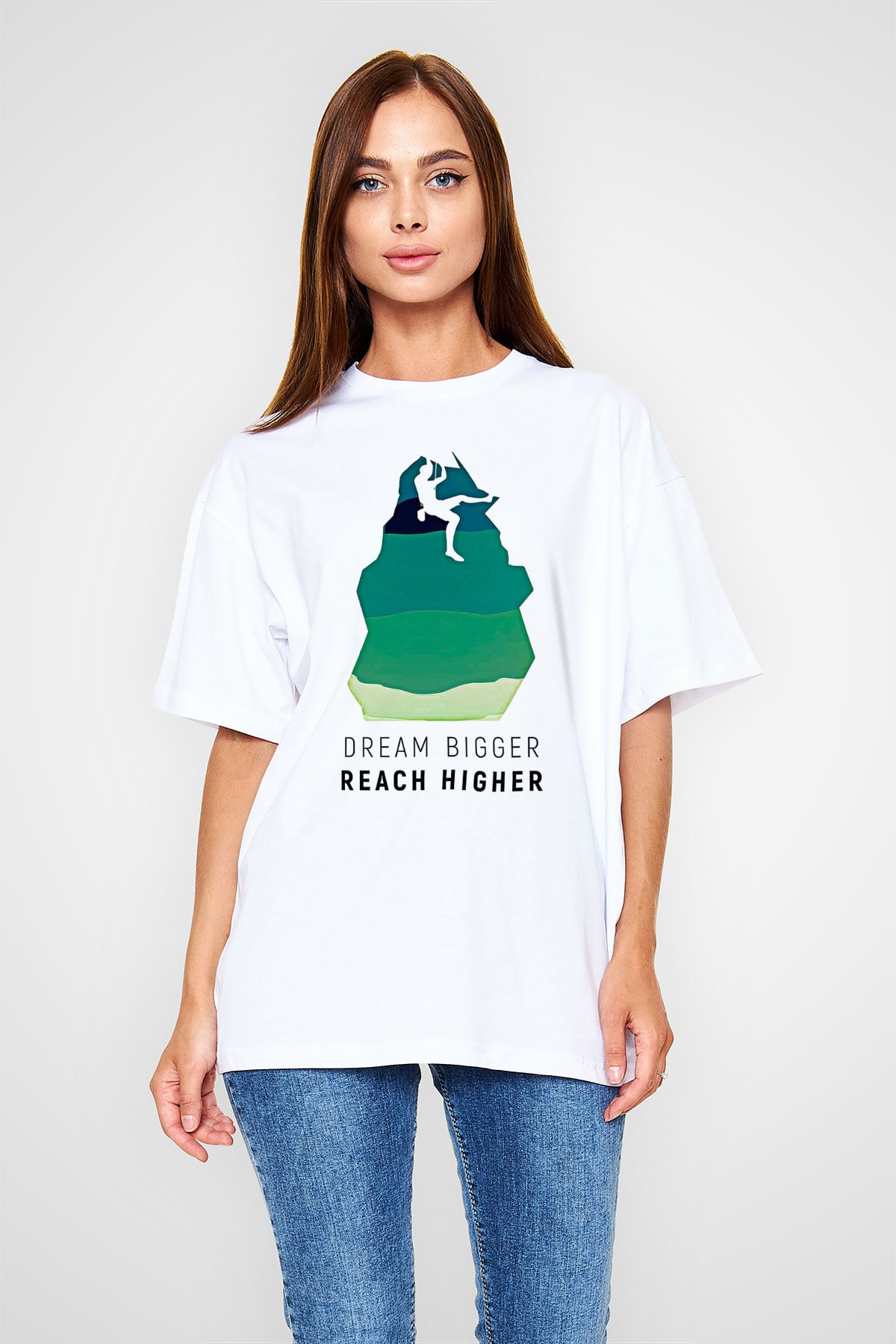 Dağcılık Baskılı Unisex Beyaz Oversize Tişört - Tshirt
