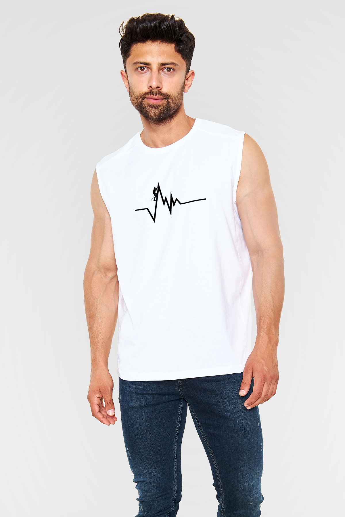 Dağcılık Baskılı Unisex Kolsuz Beyaz Tişört