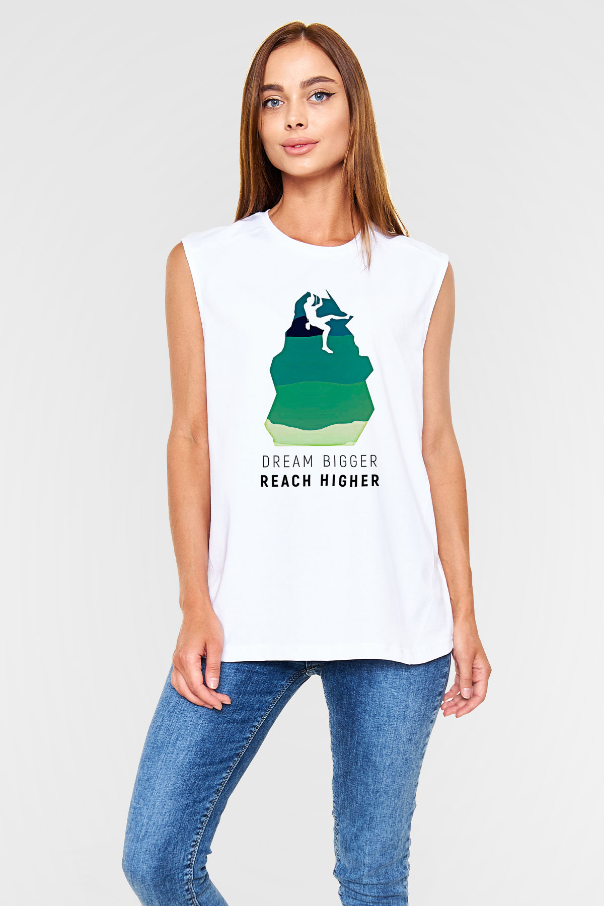 Dağcılık Baskılı Unisex Kolsuz Beyaz Tişört