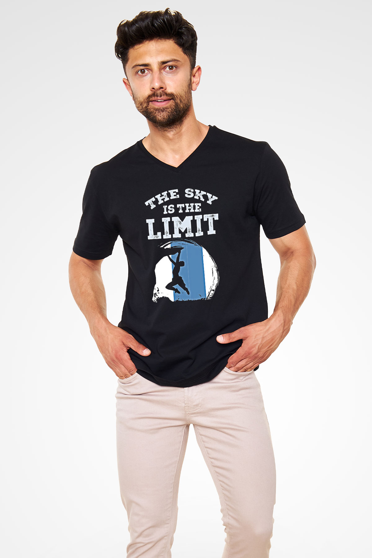 Dağcılık - Mountaineering Baskılı Unisex Siyah V Yaka Tişört