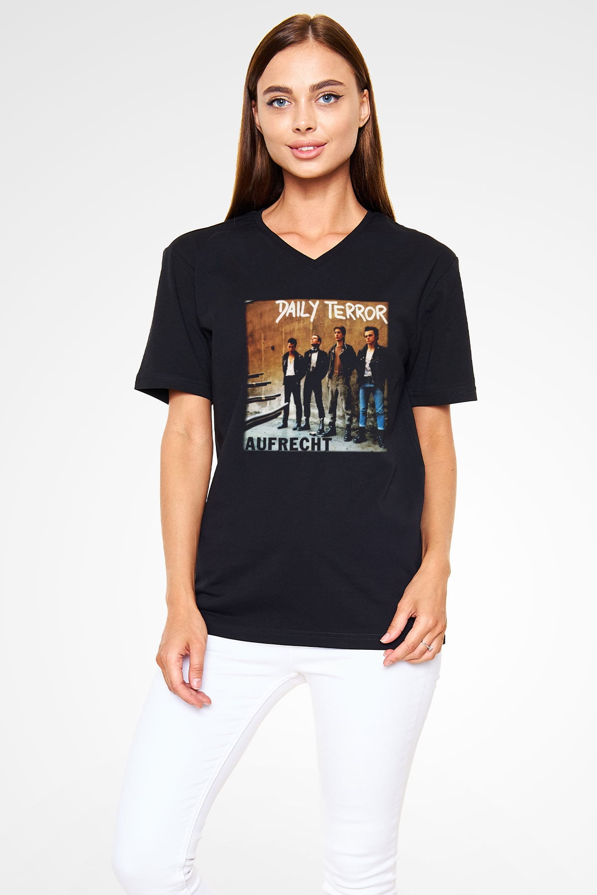 Daily Terror Siyah Unisex V Yaka Tişört T-Shirt