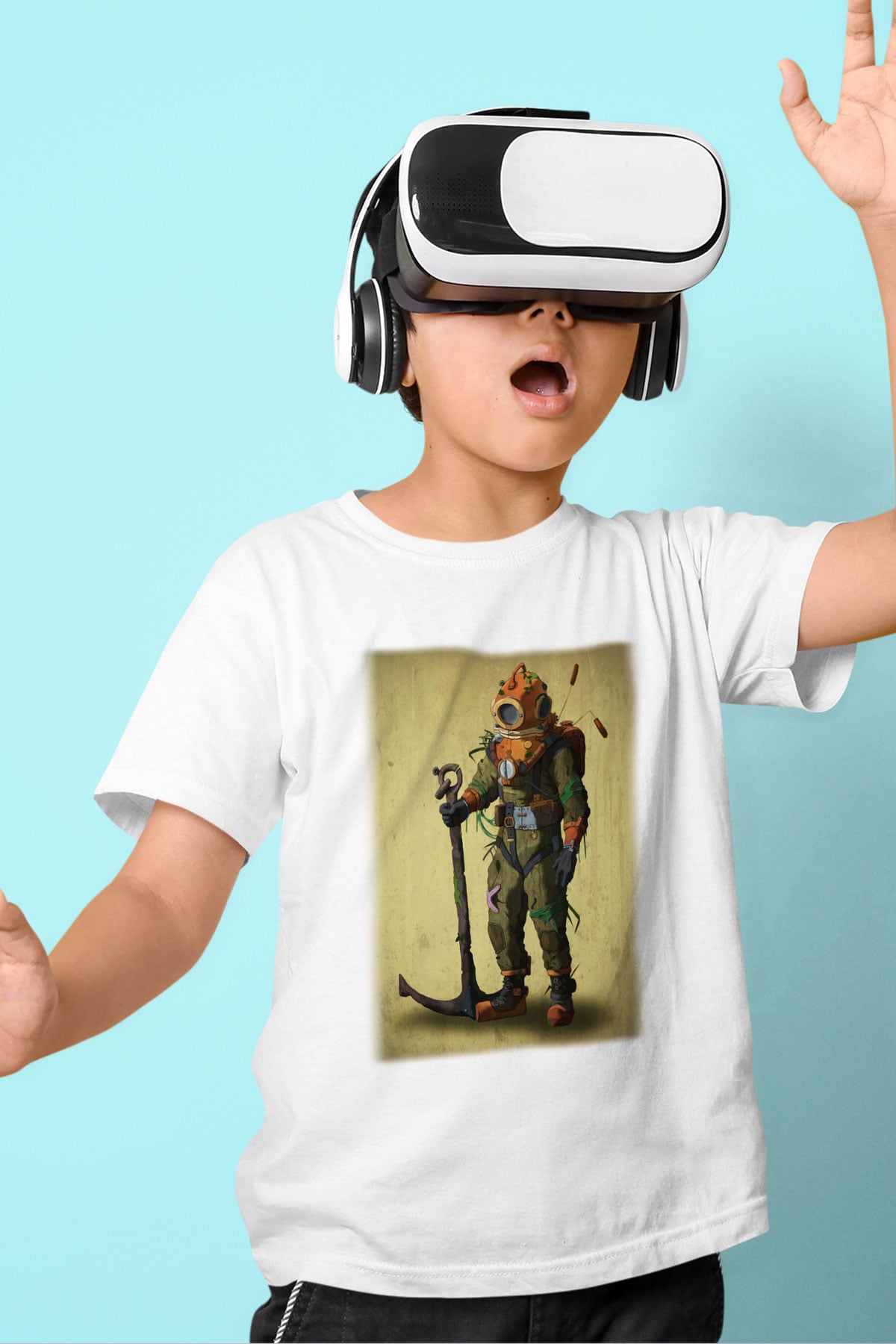 Dalgıç Baskılı Beyaz Unisex Çocuk Tişört