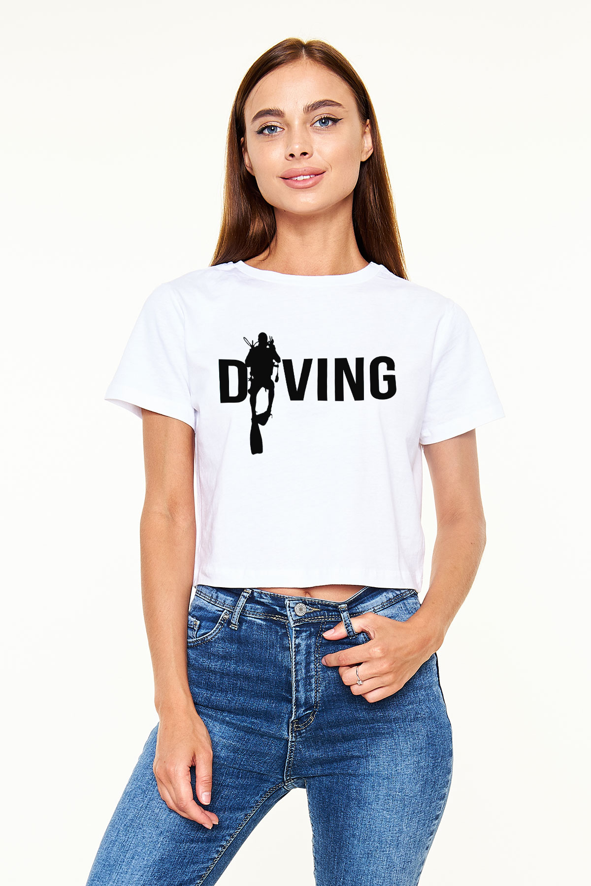 Dalgıç Beyaz Croptop Tişört