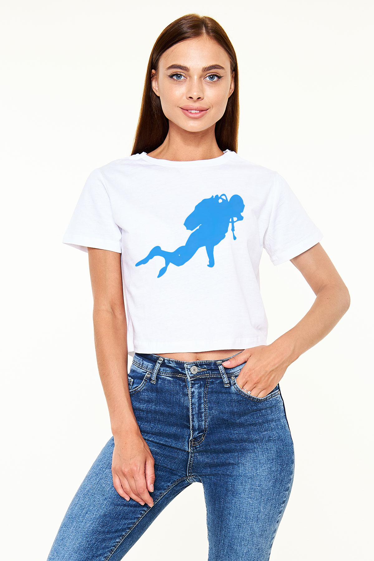 Dalgıç Beyaz Croptop Tişört