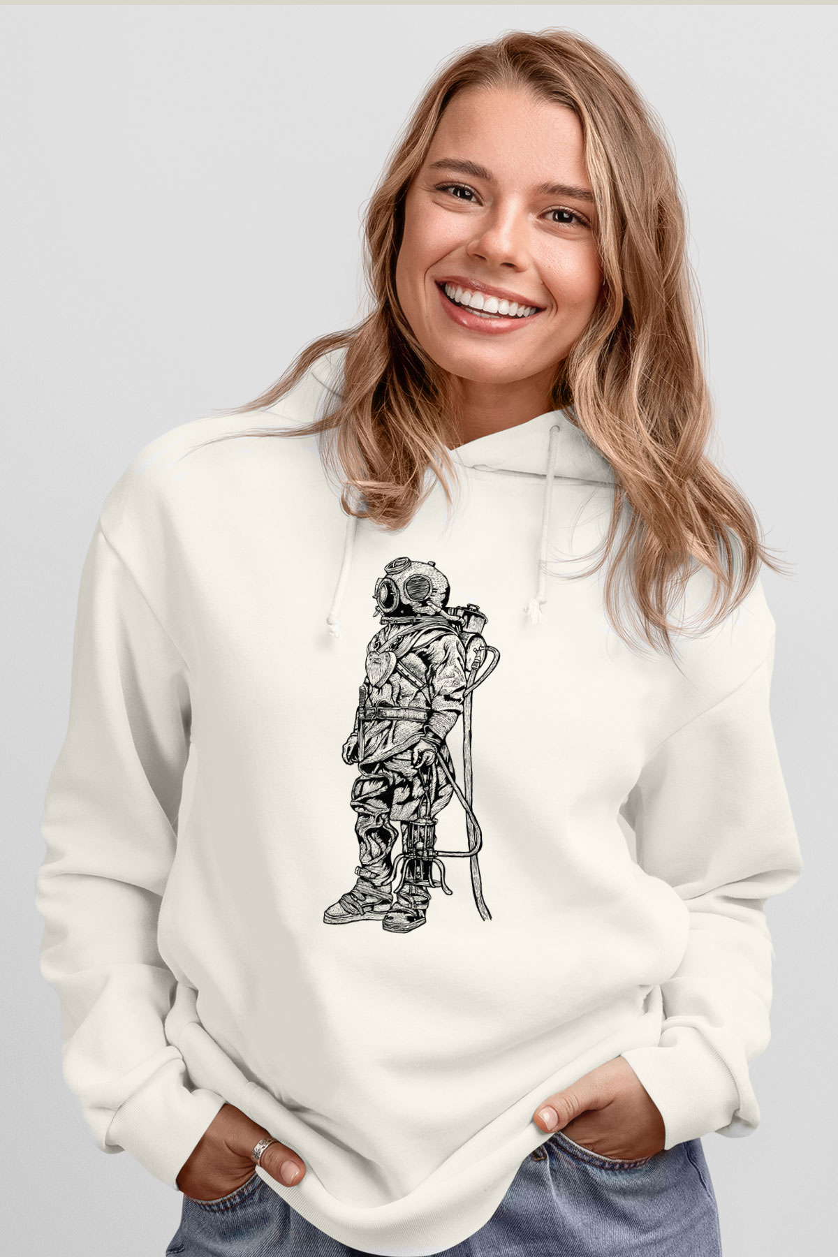 Dalgıç Beyaz Unisex Hoodie
