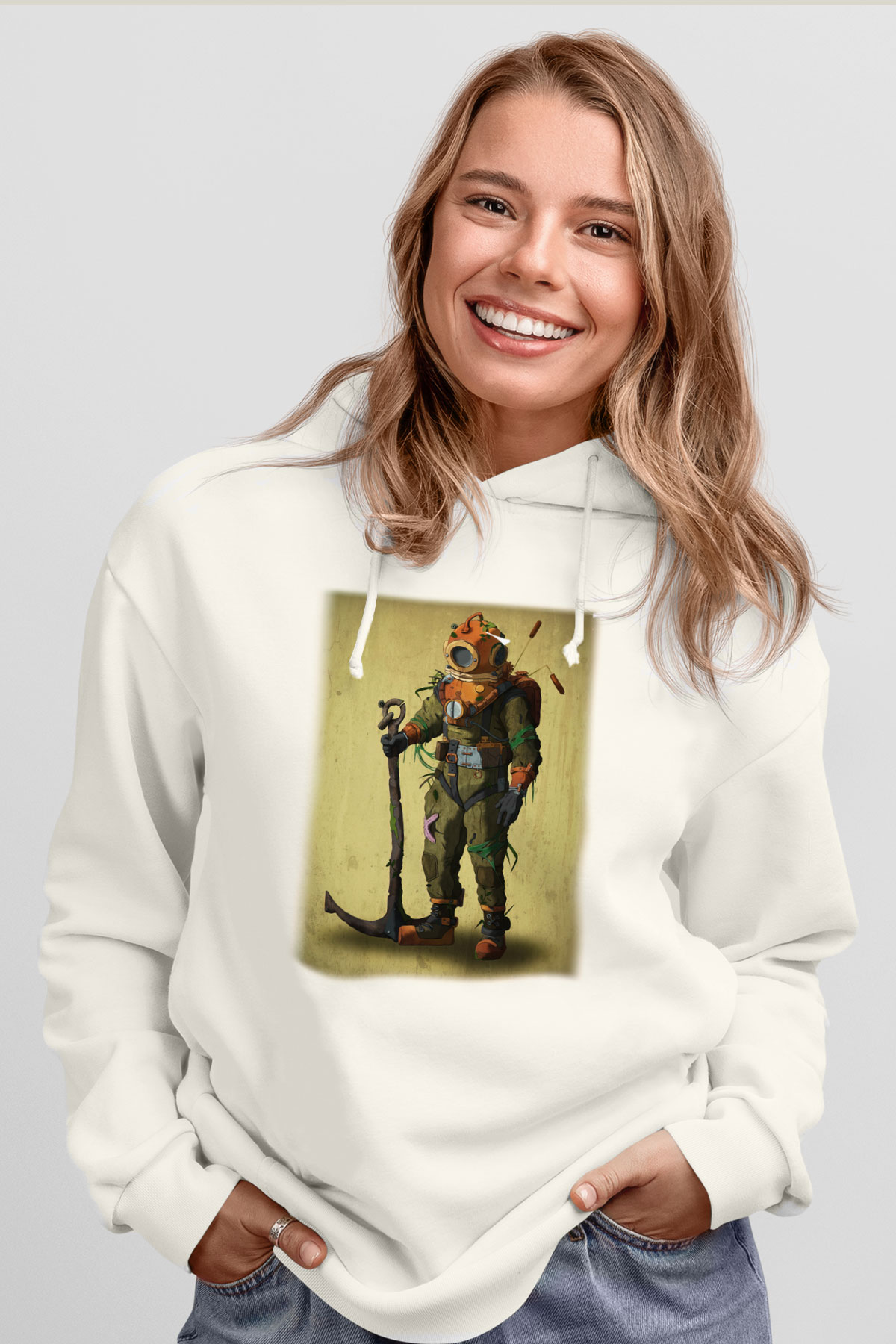 Dalgıç Beyaz Unisex Hoodie