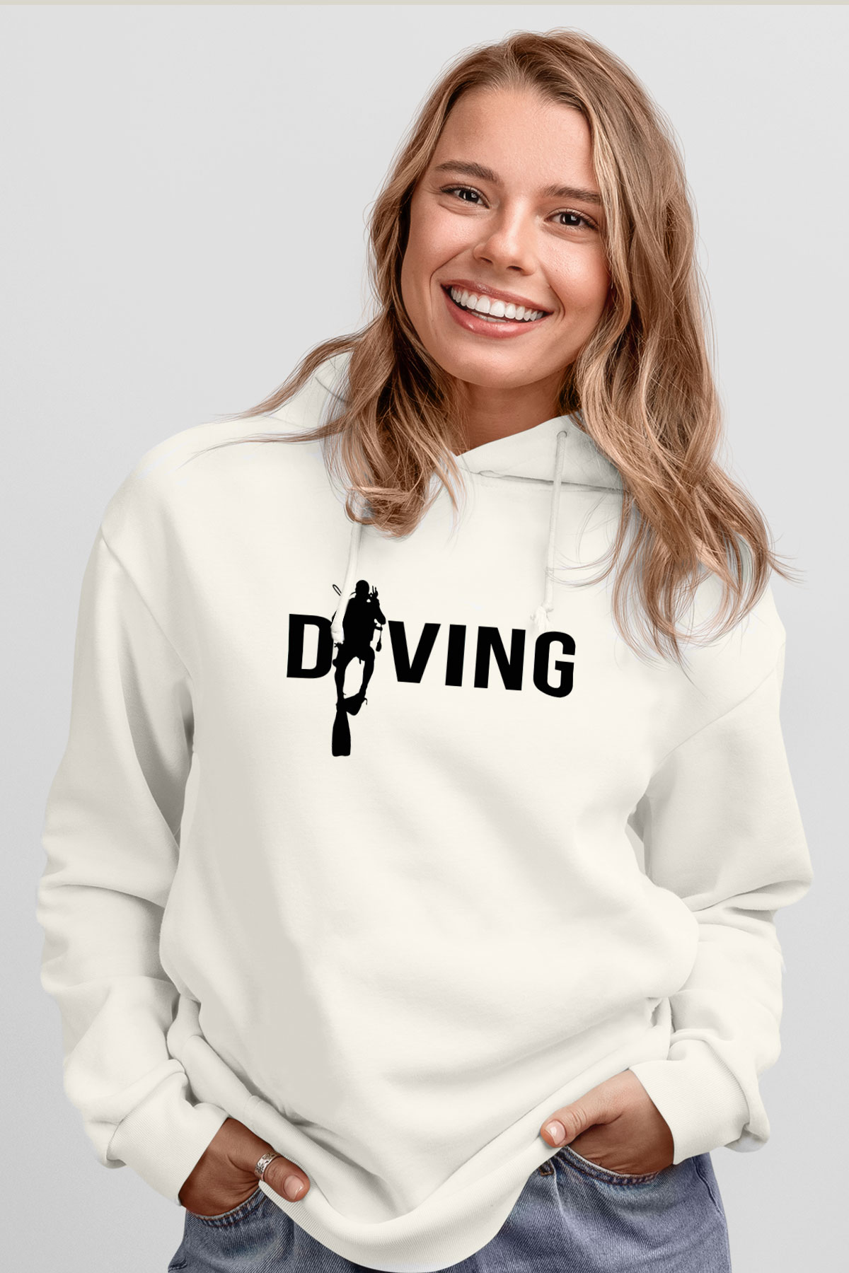 Dalgıç Beyaz Unisex Hoodie