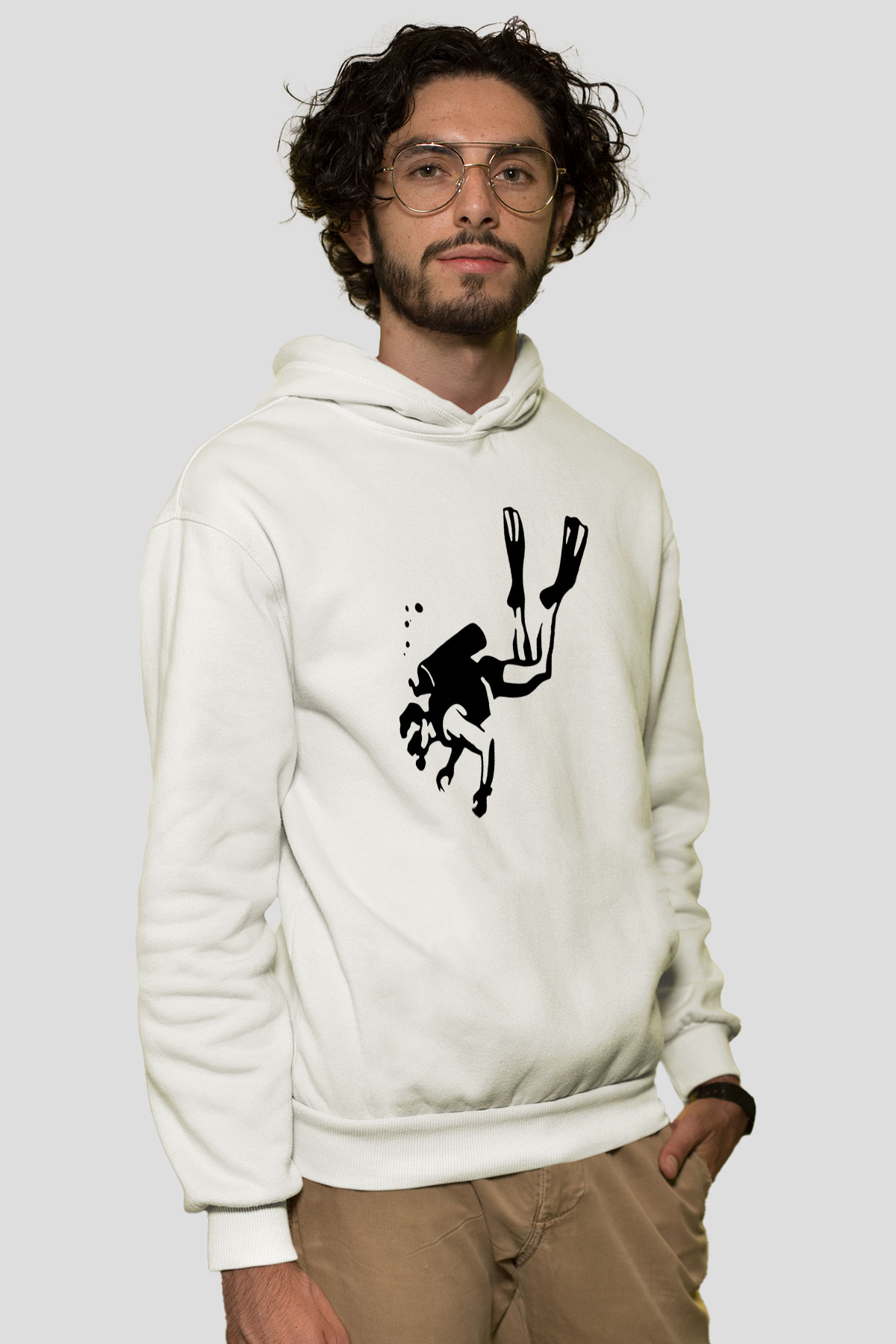 Dalgıç Beyaz Unisex Hoodie