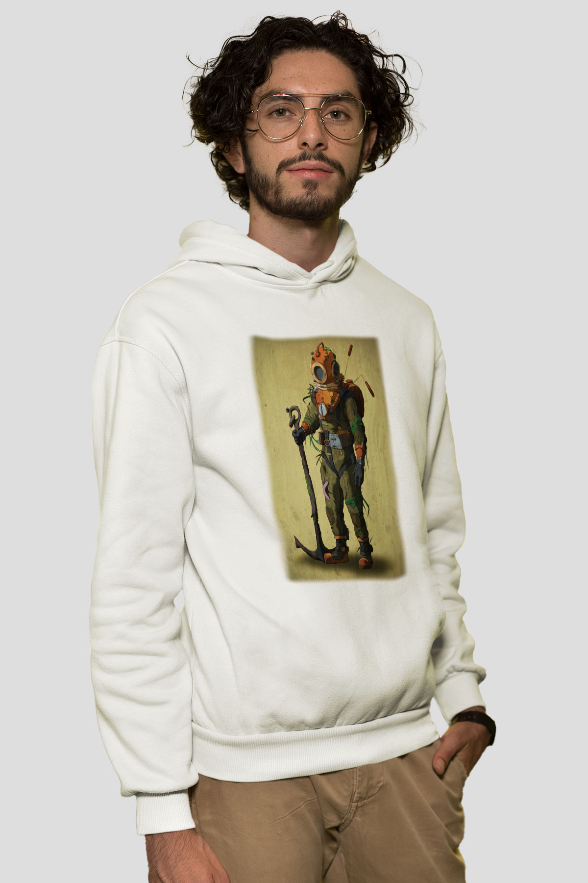 Dalgıç Beyaz Unisex Hoodie
