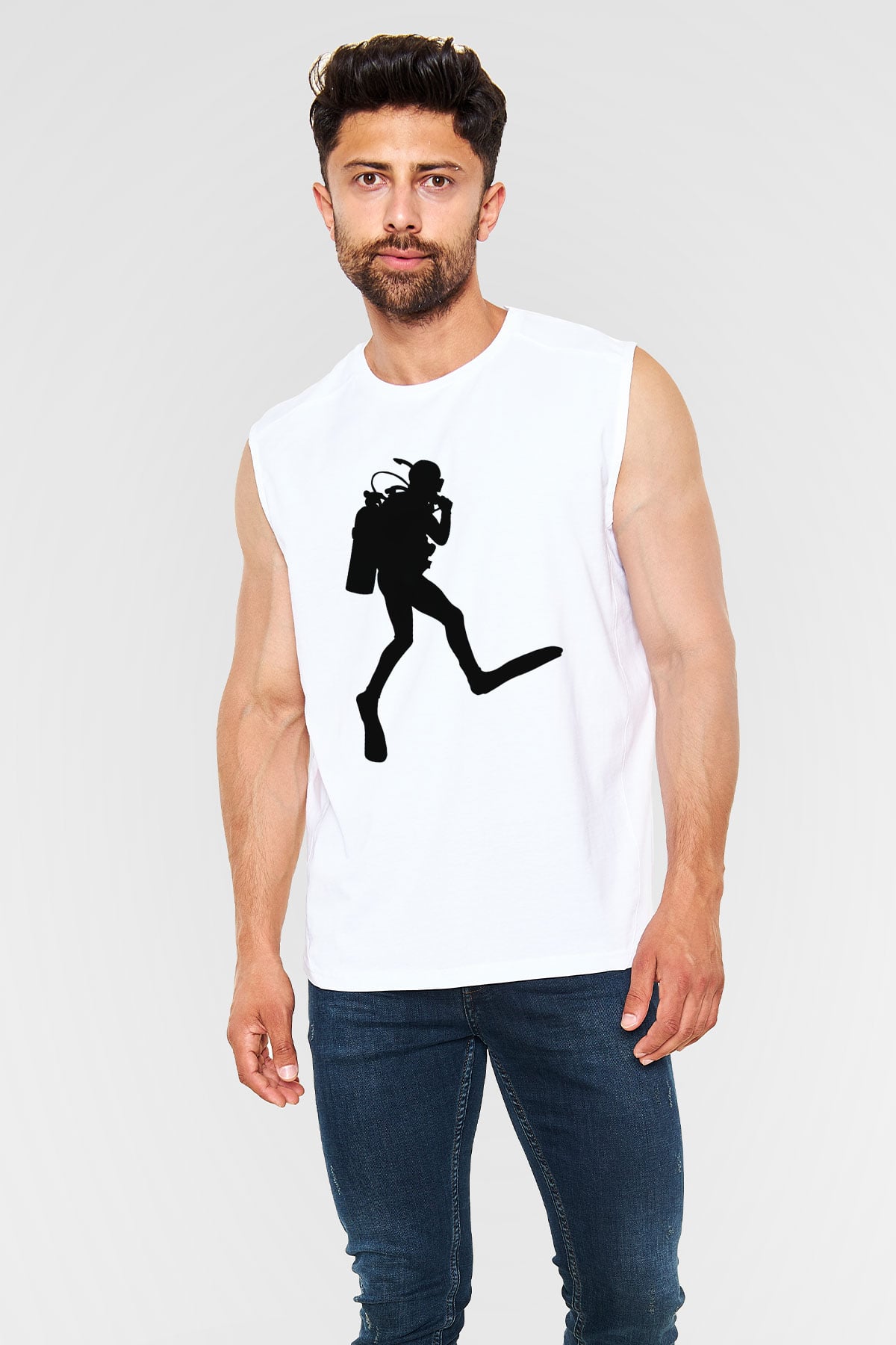 Dalgıç Beyaz Unisex Kolsuz Tişört