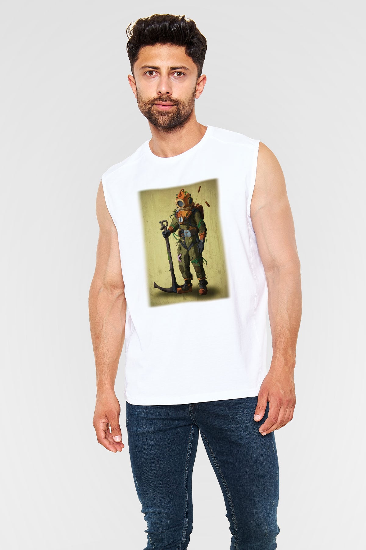 Dalgıç Beyaz Unisex Kolsuz Tişört