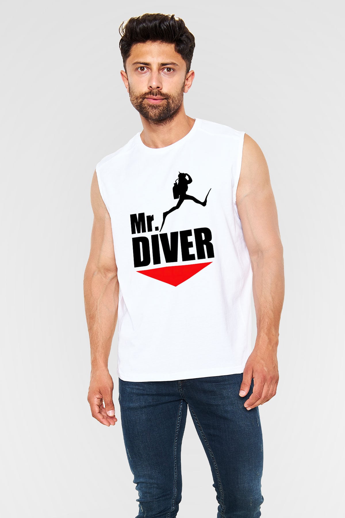 Dalgıç Beyaz Unisex Kolsuz Tişört