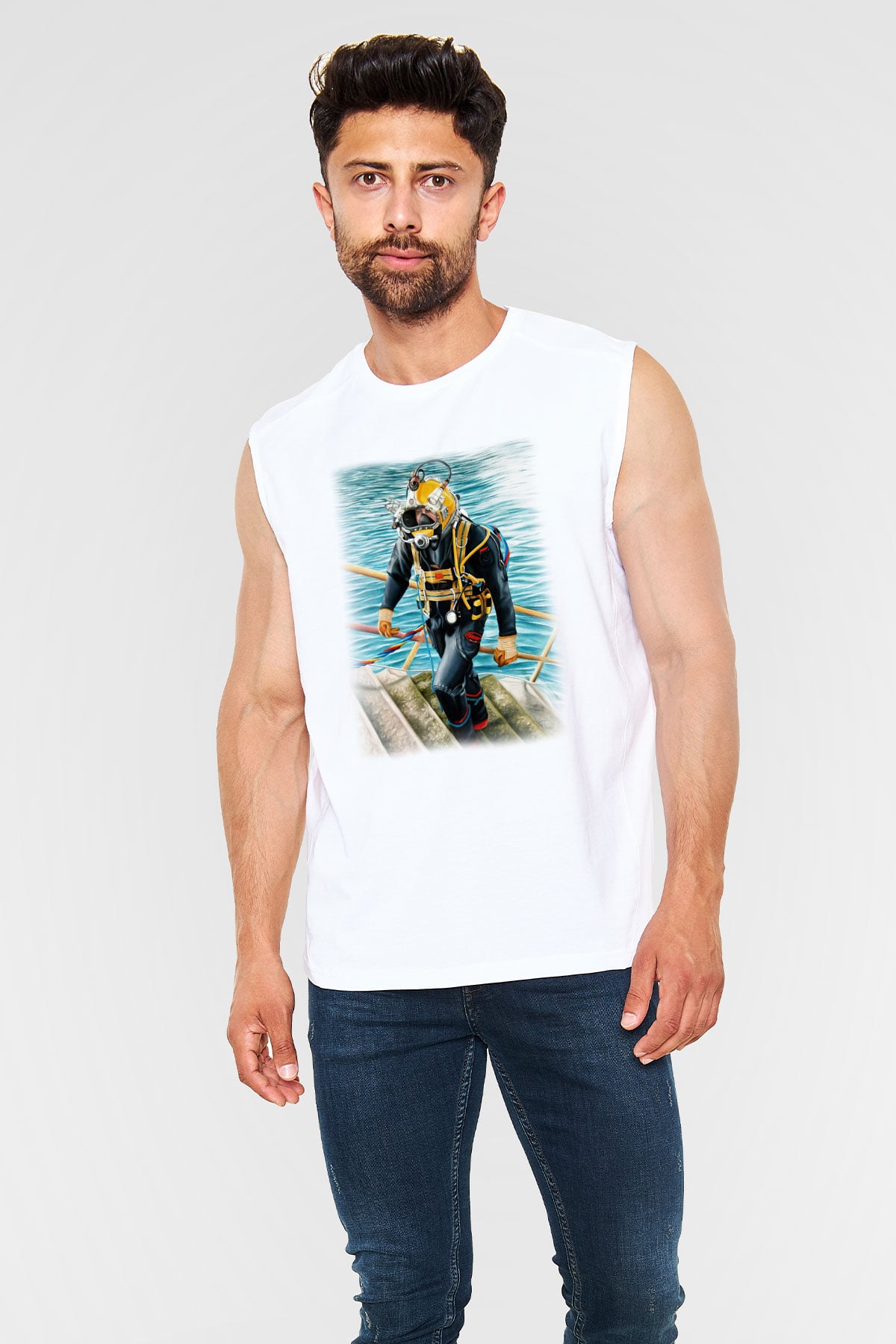 Dalgıç Beyaz Unisex Kolsuz Tişört