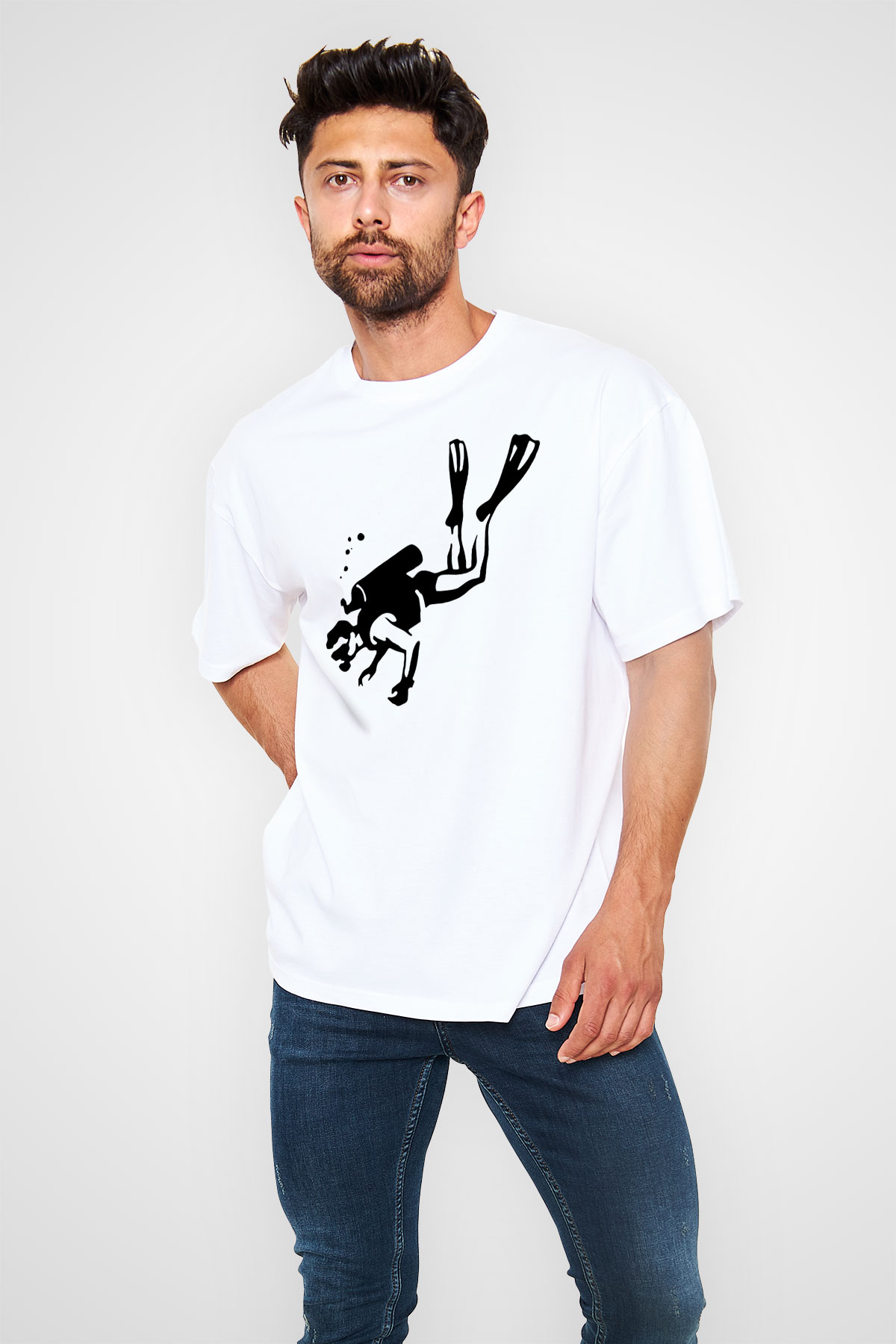 Dalgıç Beyaz Unisex Oversize Tişört T-Shirt