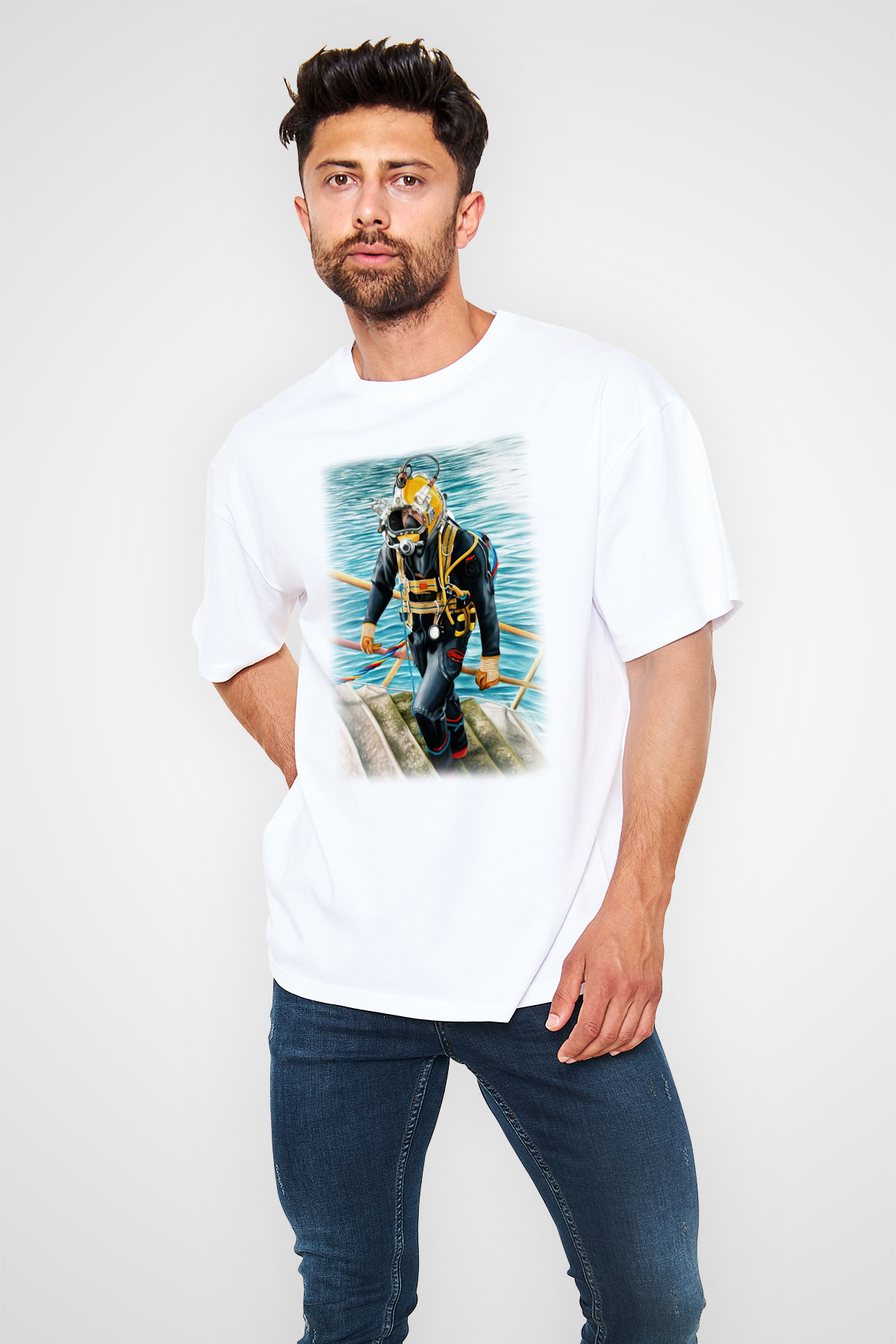 Dalgıç Beyaz Unisex Oversize Tişört T-Shirt