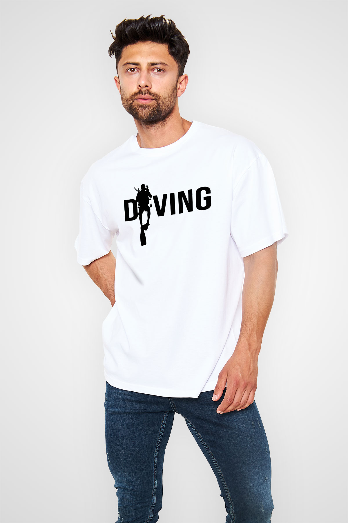 Dalgıç Beyaz Unisex Oversize Tişört T-Shirt
