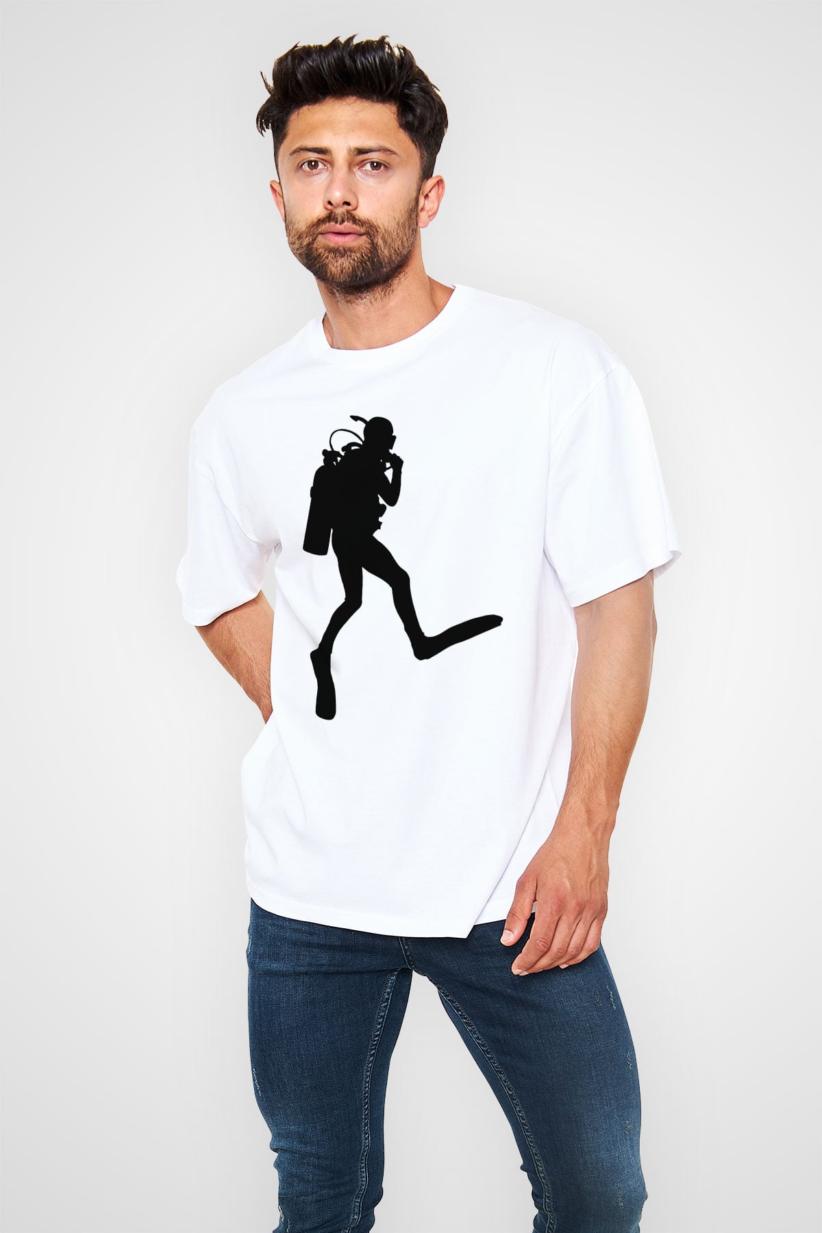 Dalgıç Beyaz Unisex Oversize Tişört T-Shirt