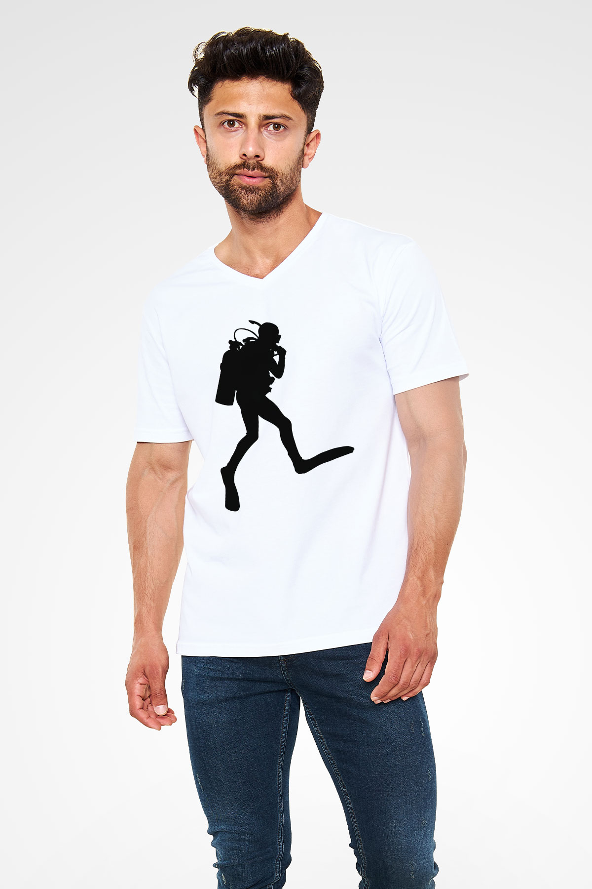 Dalgıç Beyaz Unisex V Yaka Tişört T-Shirt