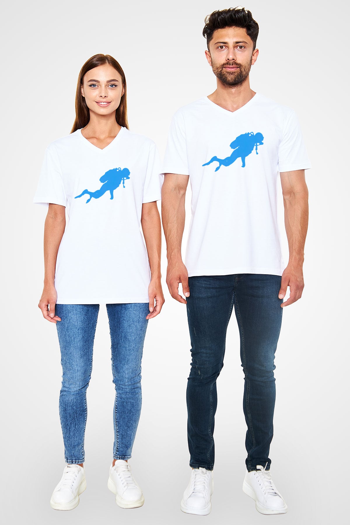 Dalgıç Beyaz Unisex V Yaka Tişört T-Shirt