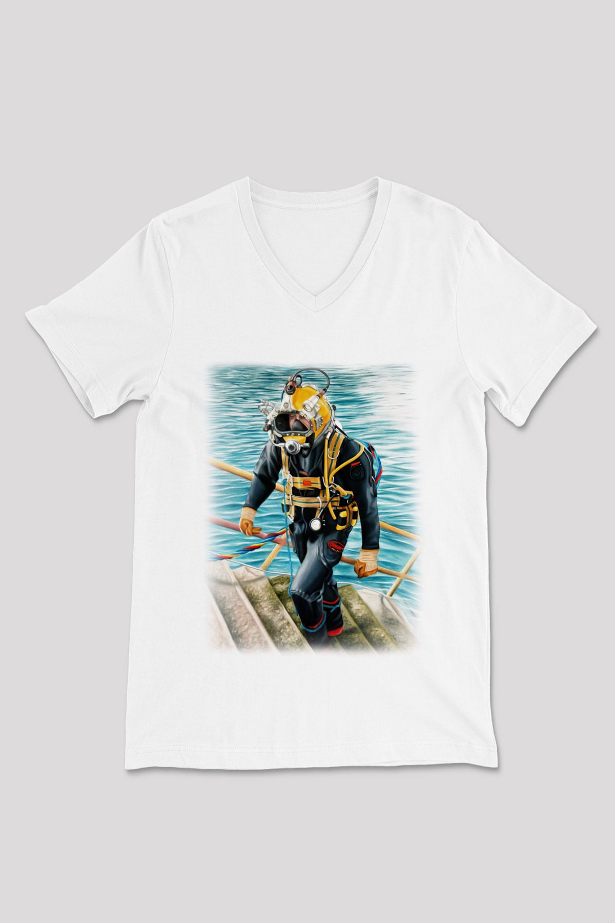 Dalgıç Beyaz Unisex V Yaka Tişört T-Shirt