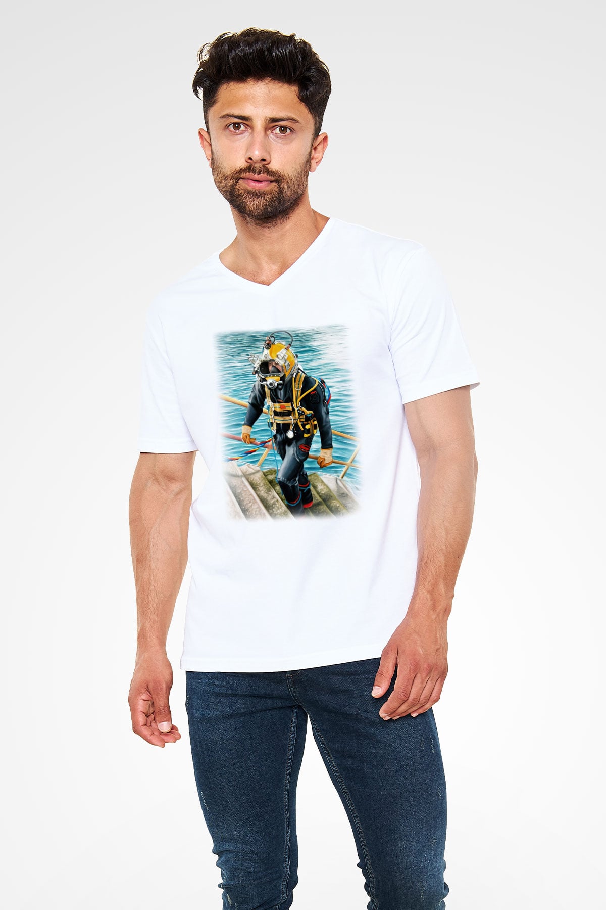 Dalgıç Beyaz Unisex V Yaka Tişört T-Shirt