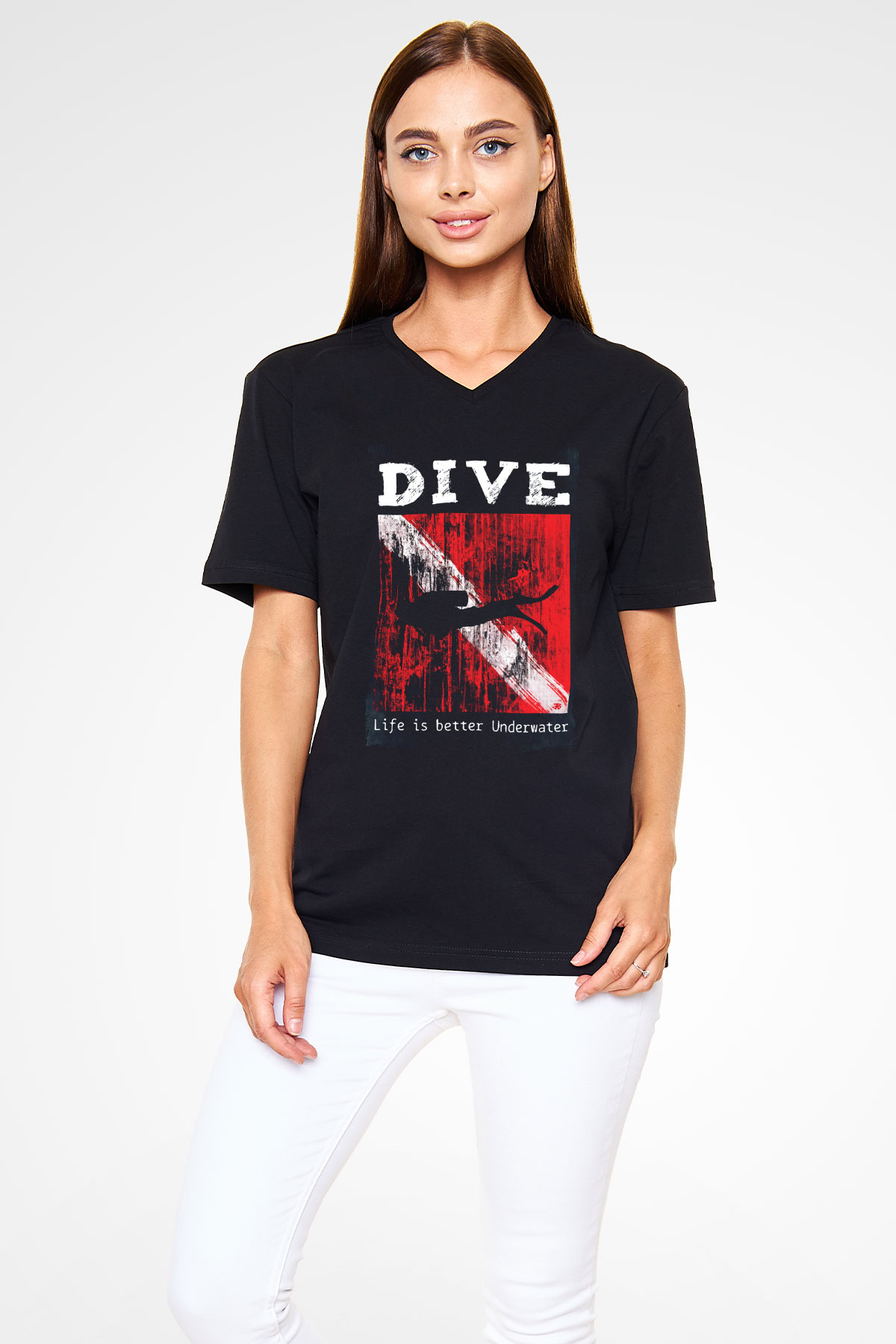 Dalgıç Siyah Unisex V Yaka Tişört