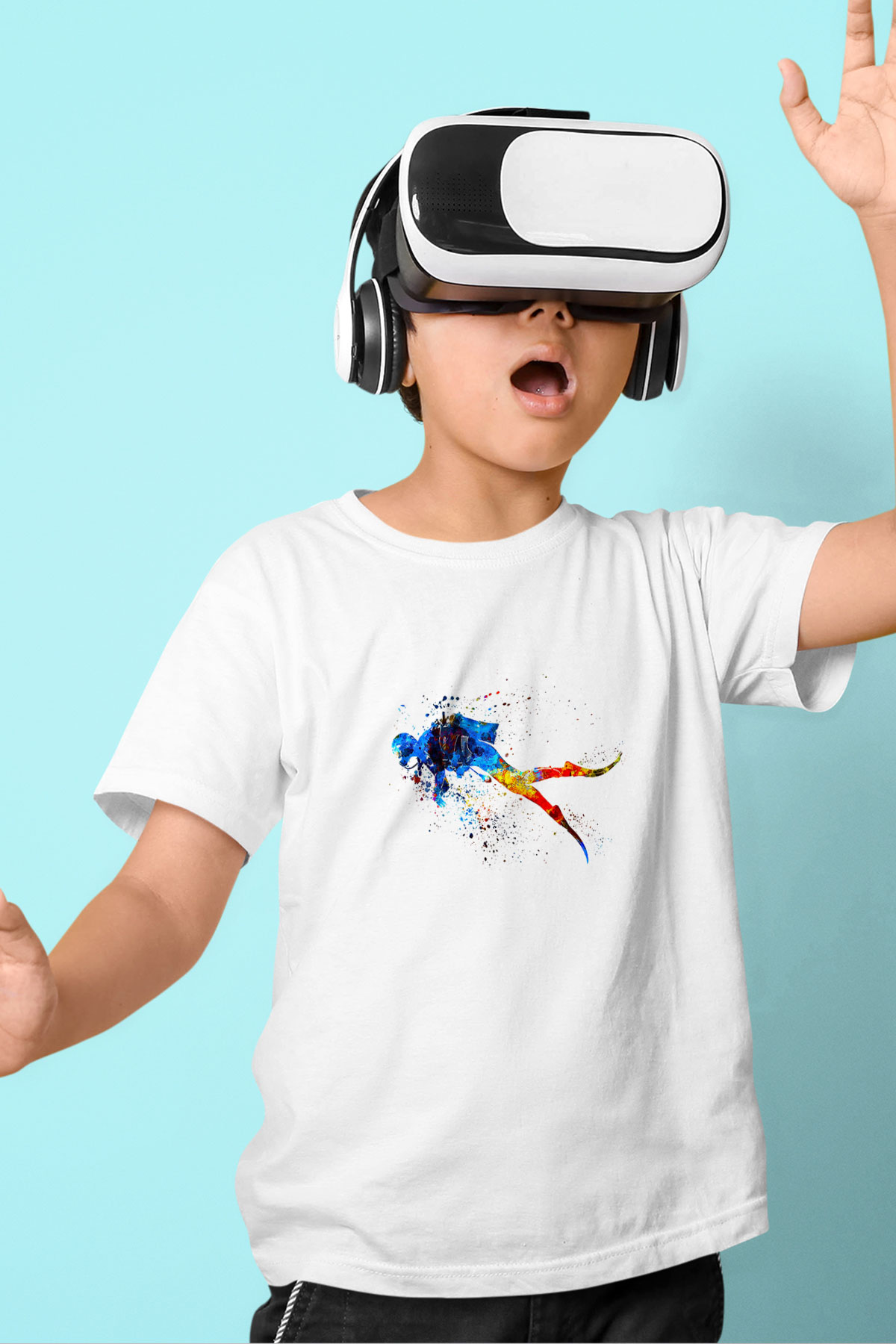 Dalgıçlık Baskılı Unisex Beyaz Çocuk Tişört - Tshirt