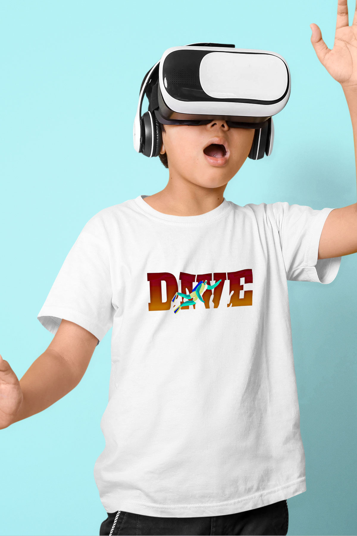 Dalgıçlık Baskılı Unisex Beyaz Çocuk Tişört - Tshirt