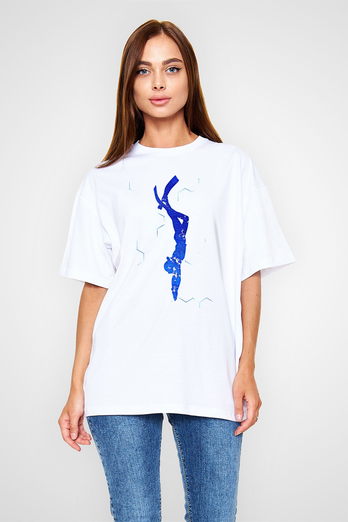 Dalgıçlık Baskılı Unisex Beyaz Oversize Tişört - Tshirt