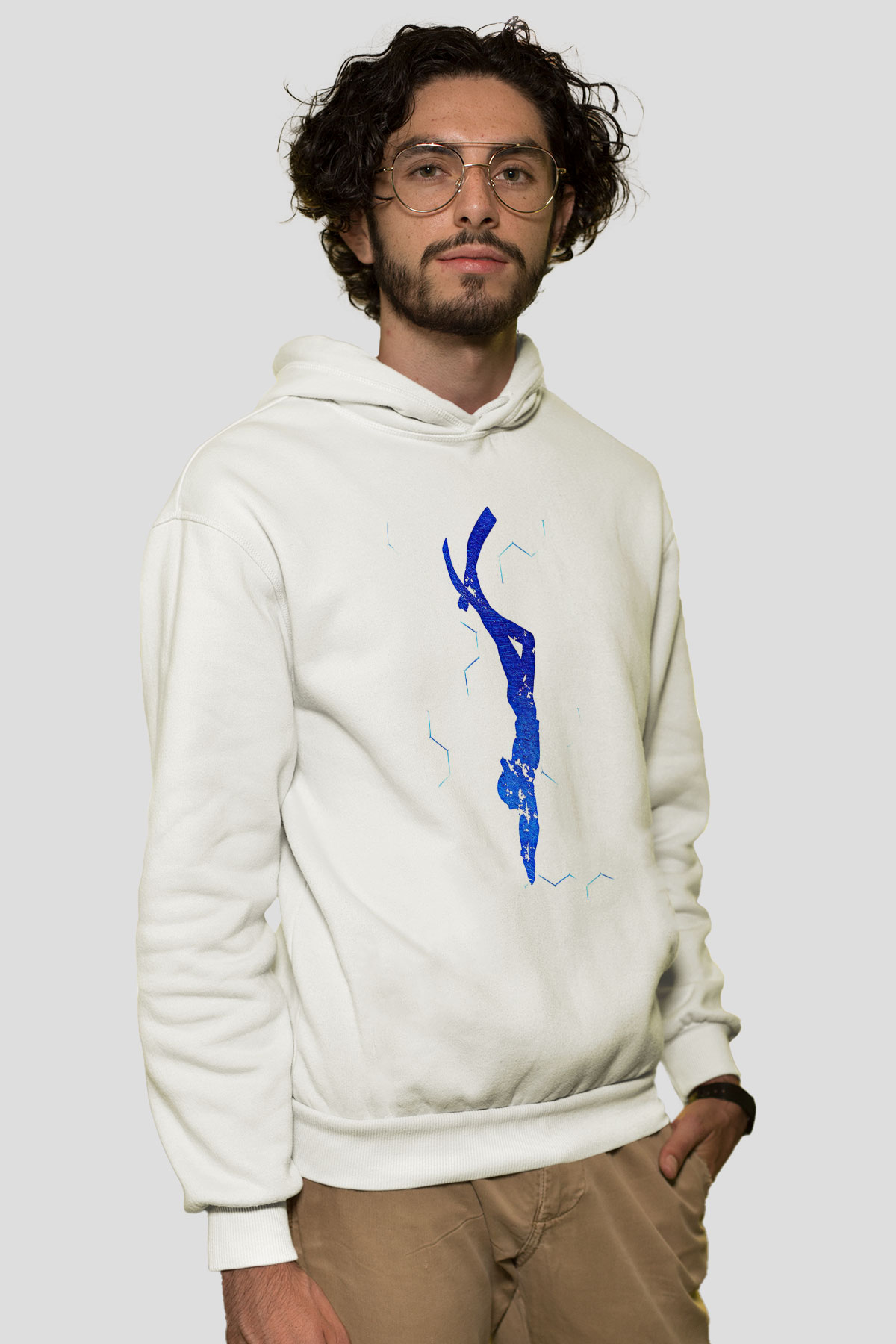 Dalgıçlık Baskılı Unisex Ekru Hoodie