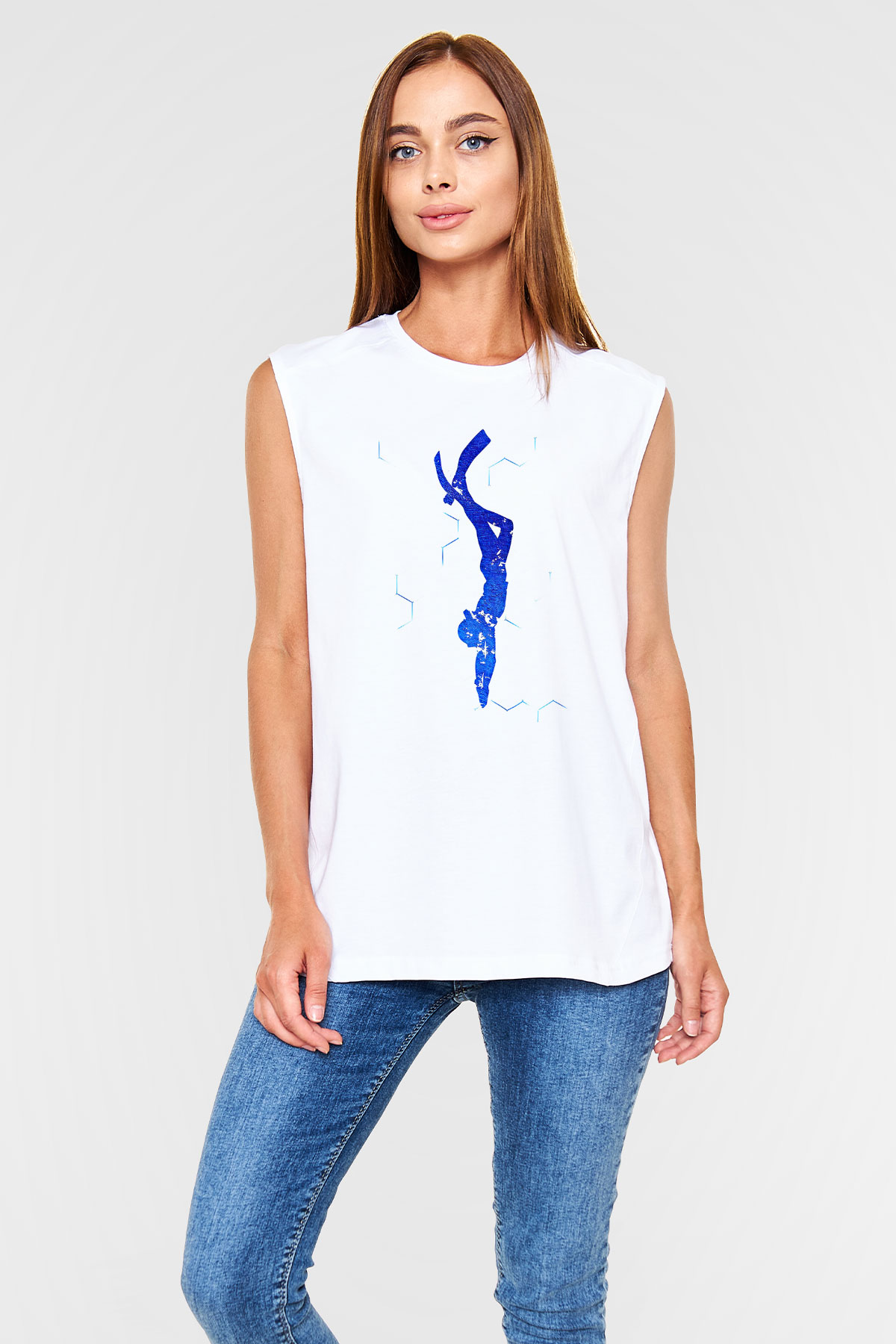 Dalgıçlık Baskılı Unisex Kolsuz Beyaz Tişört