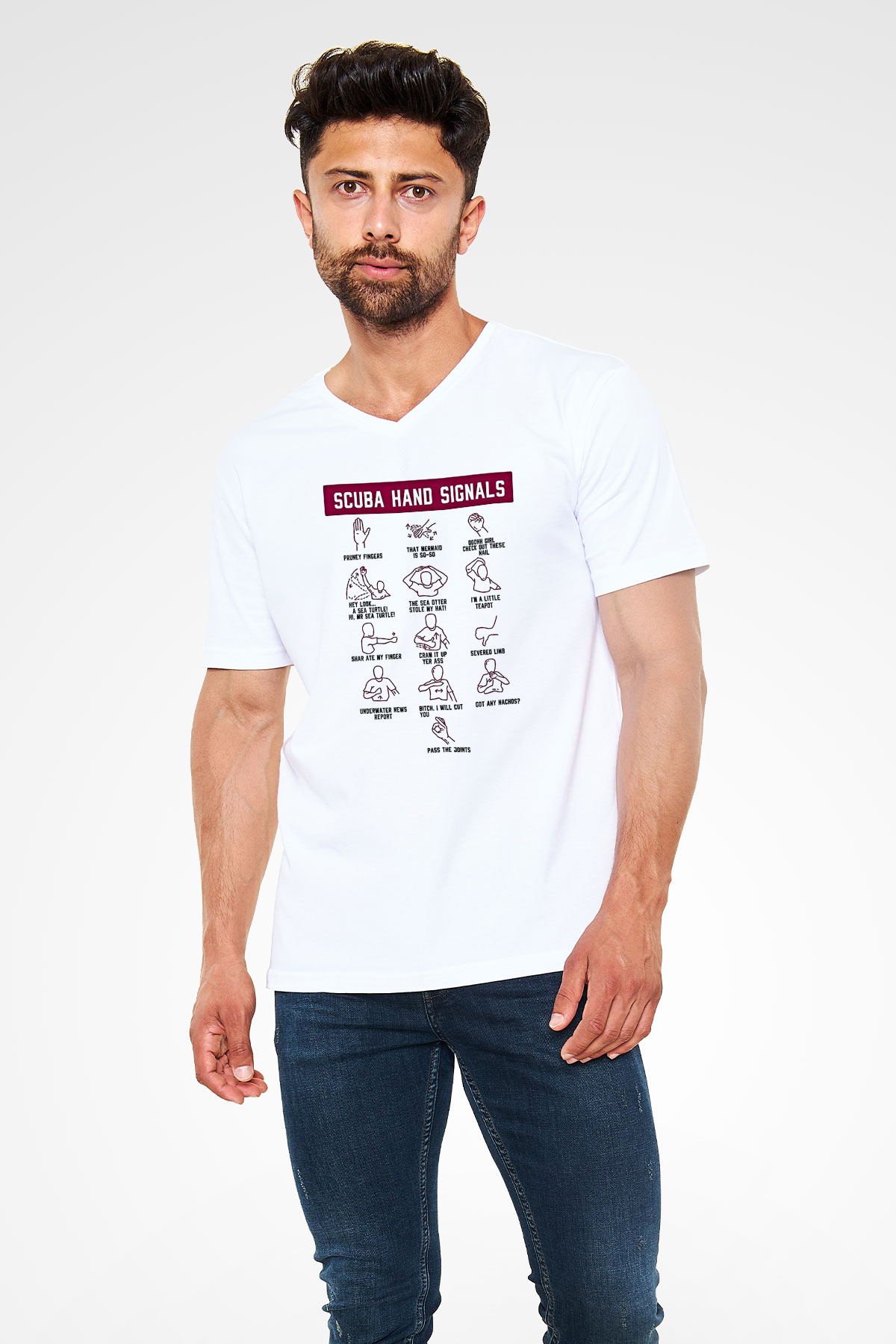 Dalgıçlık Baskılı Unisex V Yaka Tişört - Tshirt