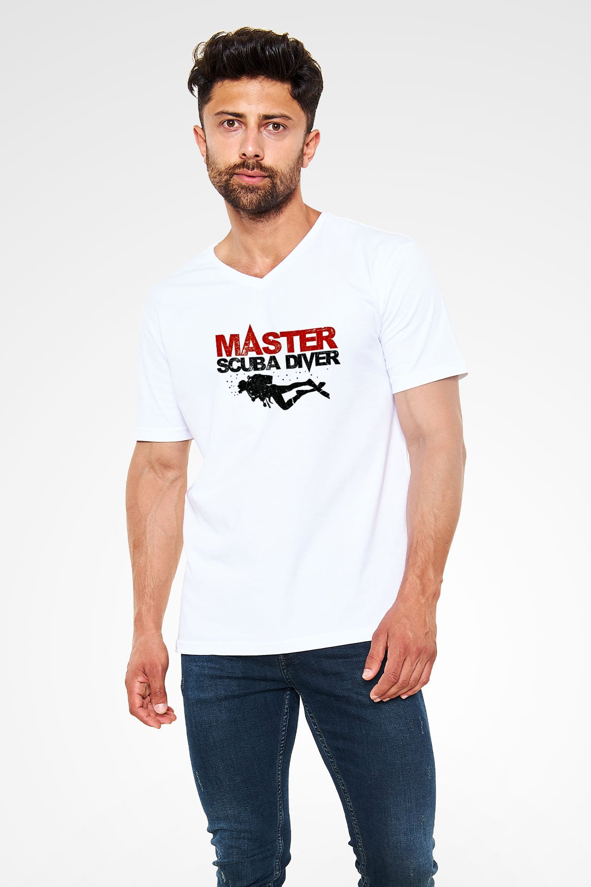 Dalgıçlık Baskılı Unisex V Yaka Tişört - Tshirt