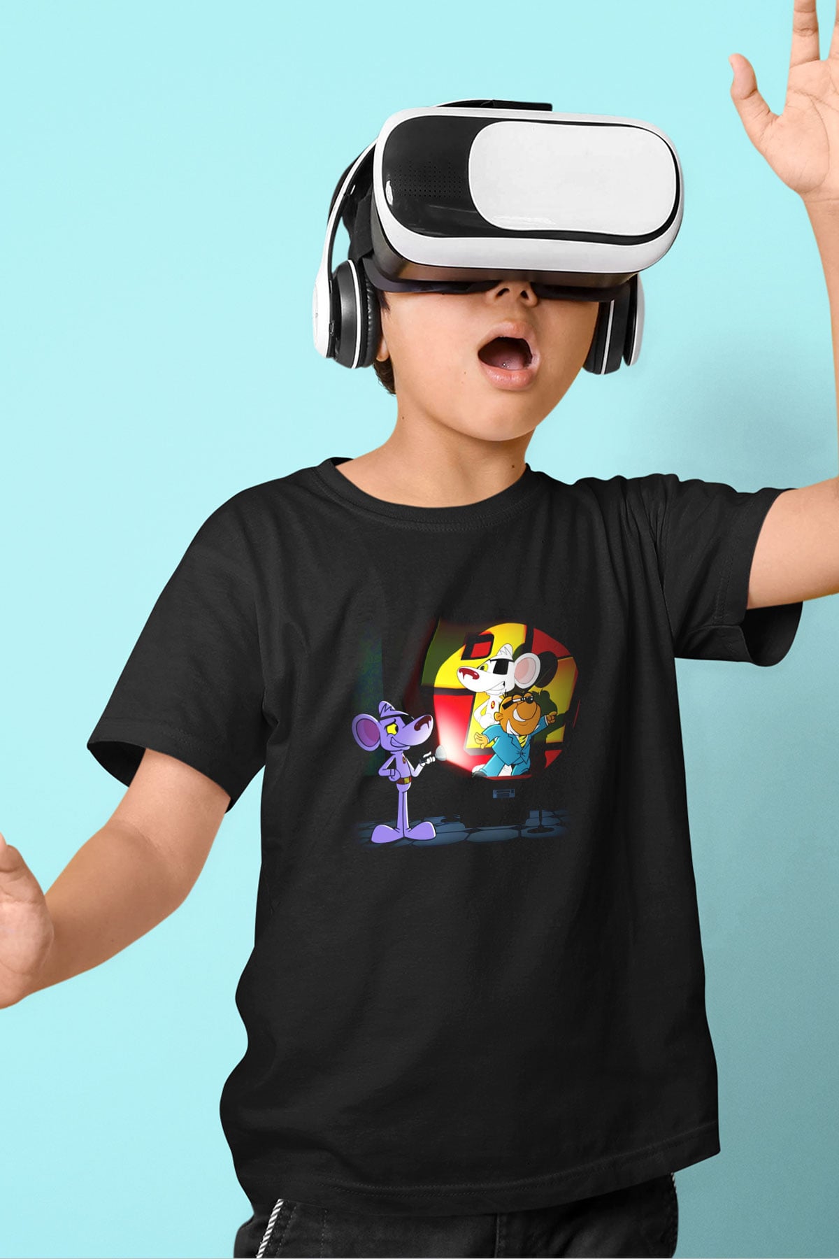 Danger Mouse Baskılı Siyah Unisex Çocuk Tişört