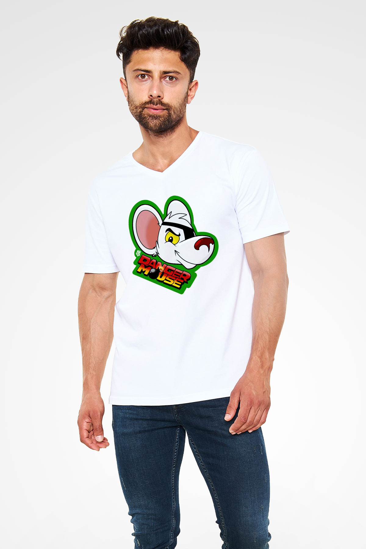 Danger Mouse Beyaz Unisex V Yaka Tişört