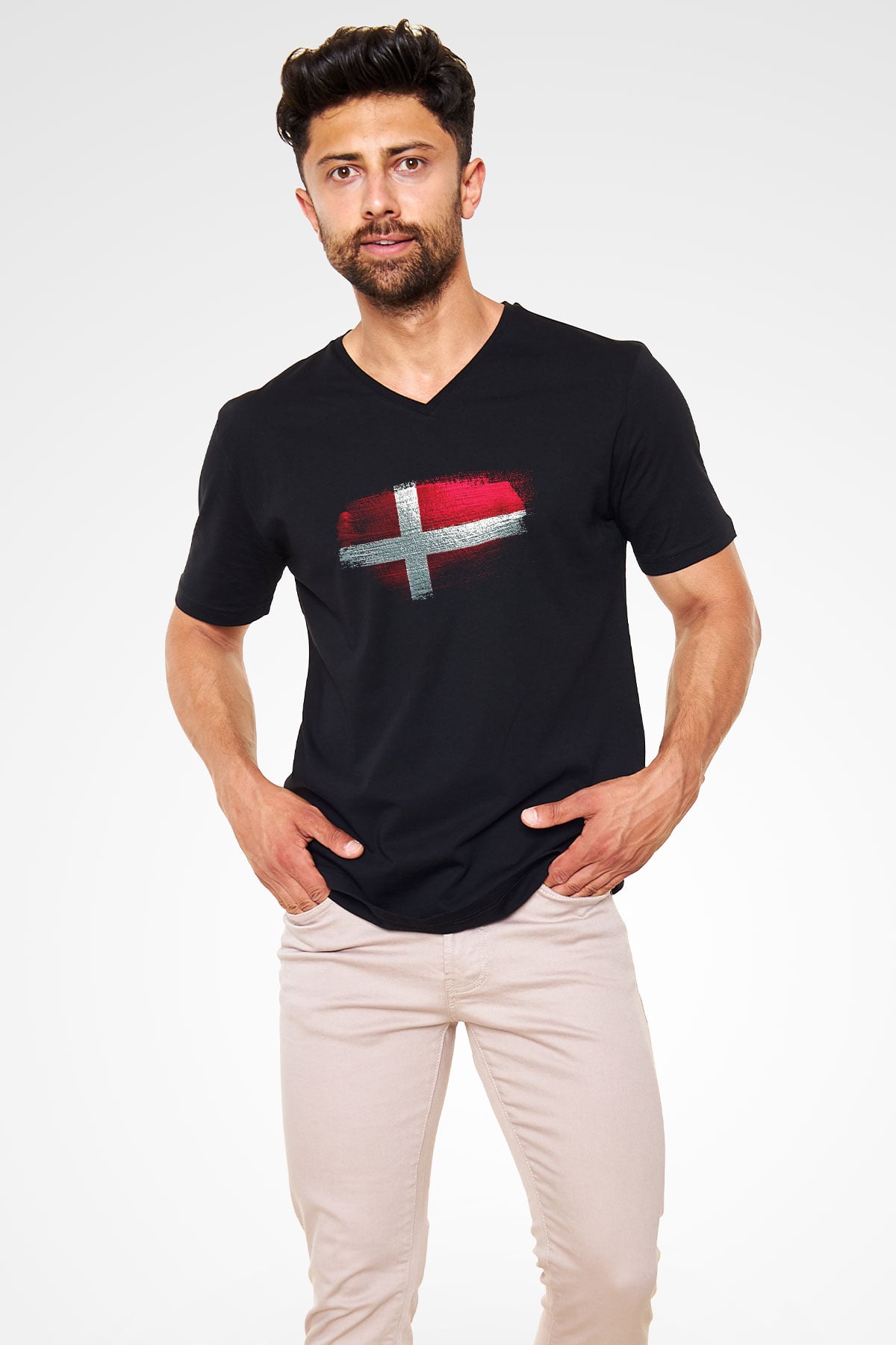 Danimarka - Denmark Bayrağı Baskılı Unisex Siyah V Yaka Tişört
