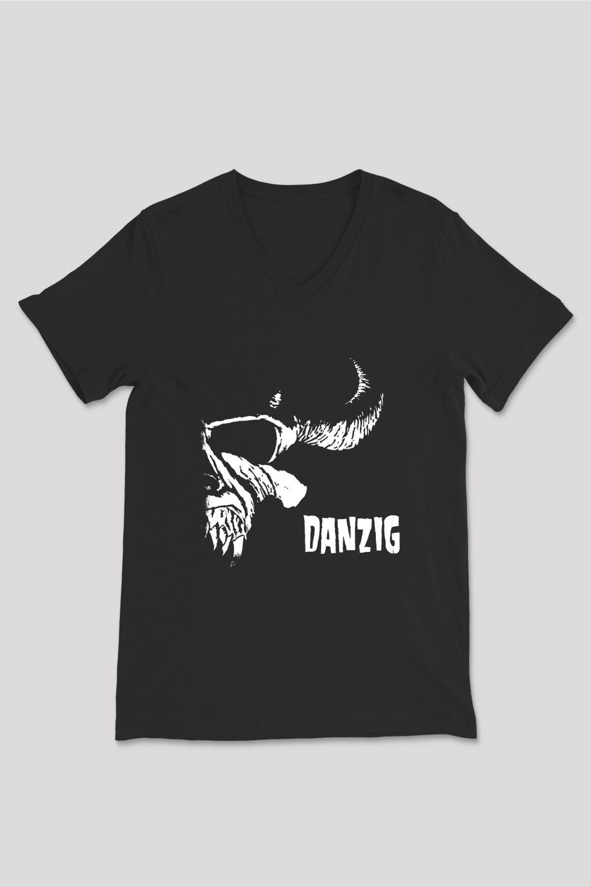 Danzig Baskılı Unisex Siyah V Yaka Tişört