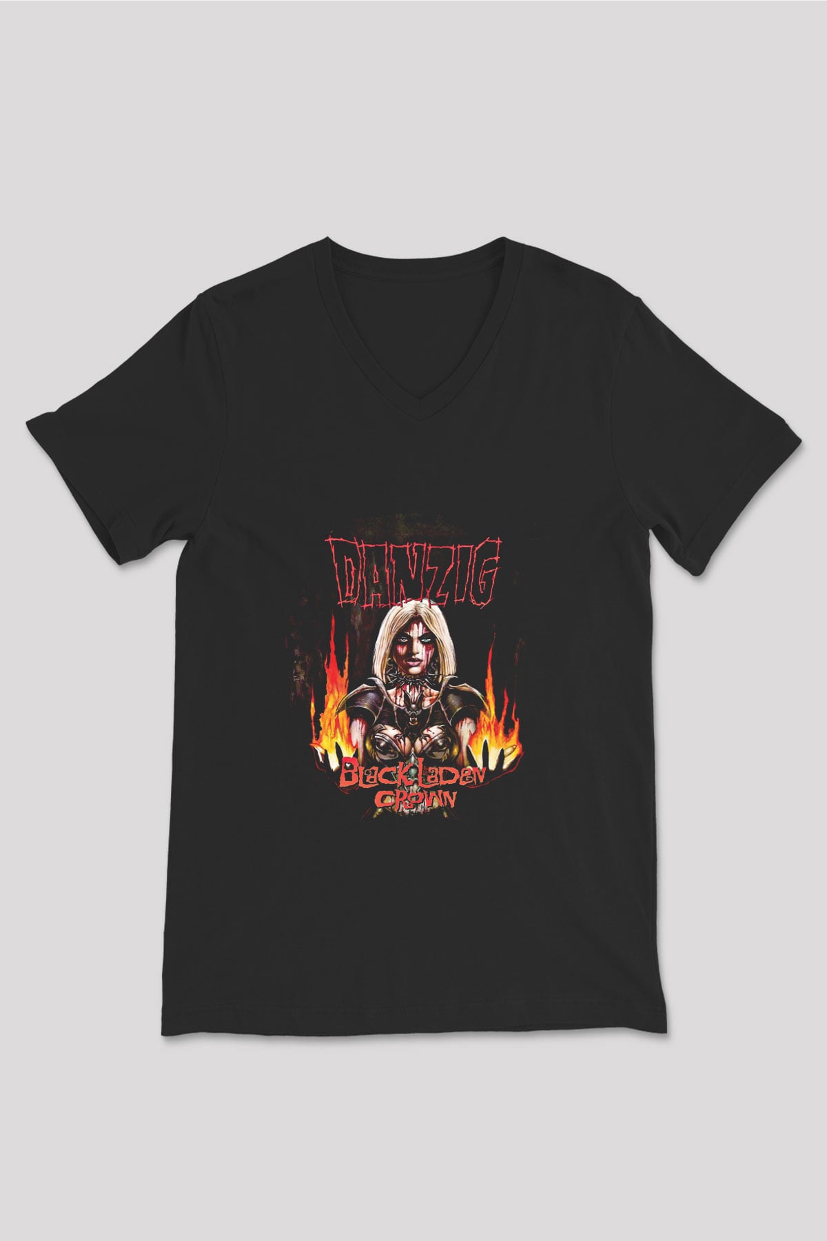 Danzig Baskılı Unisex Siyah V Yaka Tişört