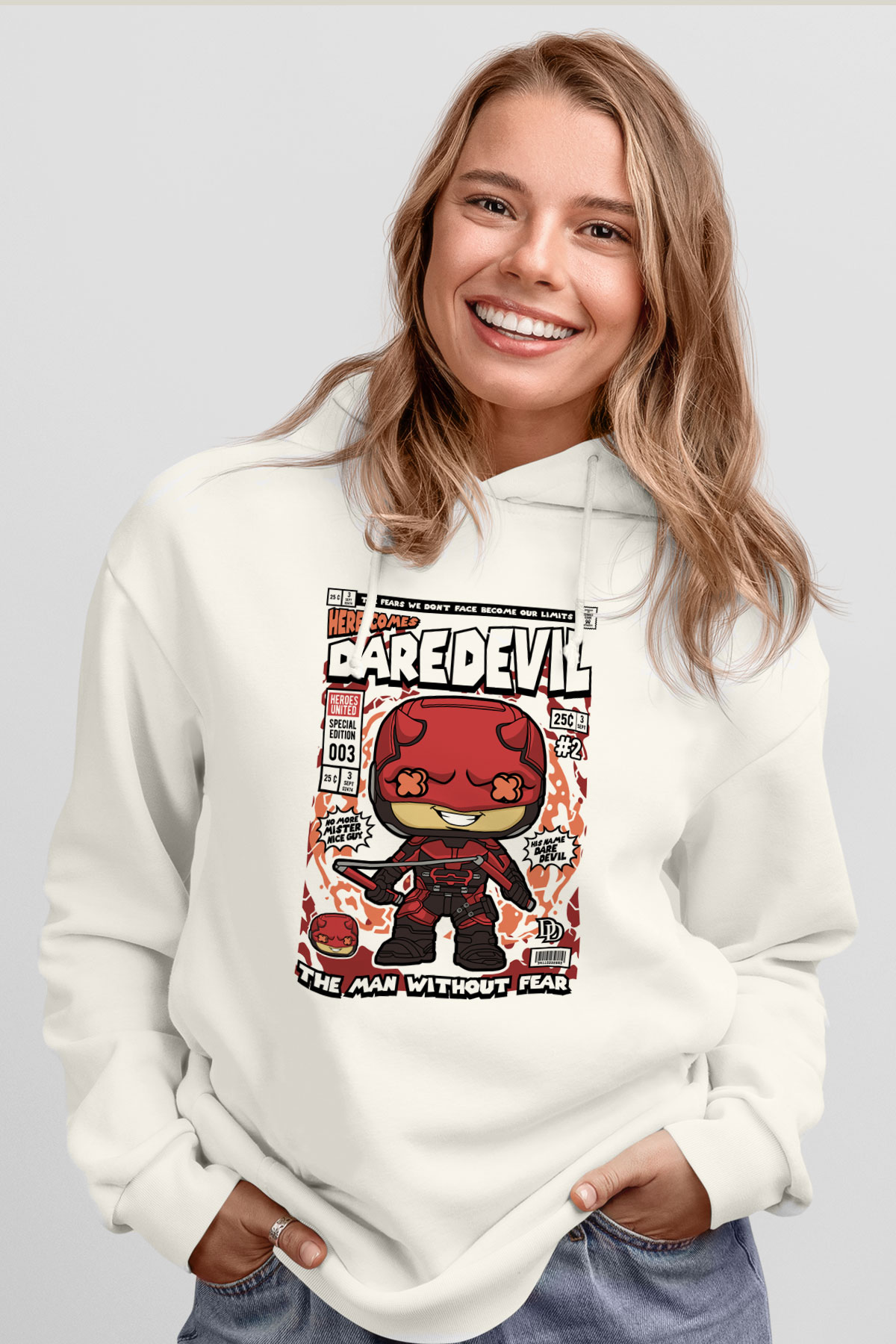 Dare Devil Baskılı Unisex Beyaz Hoodie
