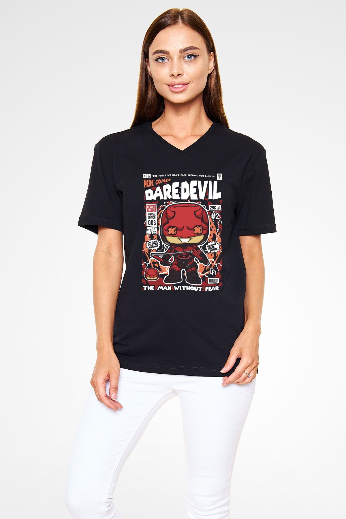 Dare Devil Baskılı Unisex Siyah V Yaka Tişört