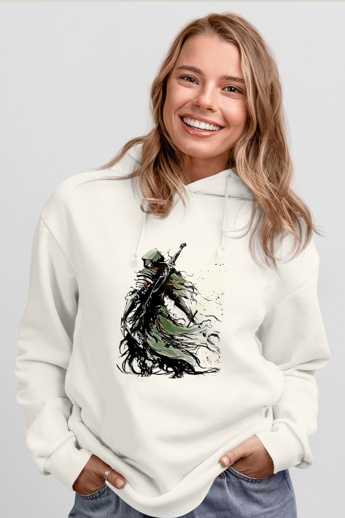 Dark Souls Baskılı Beyaz Unisex Kapüşonlu Sweatshirt