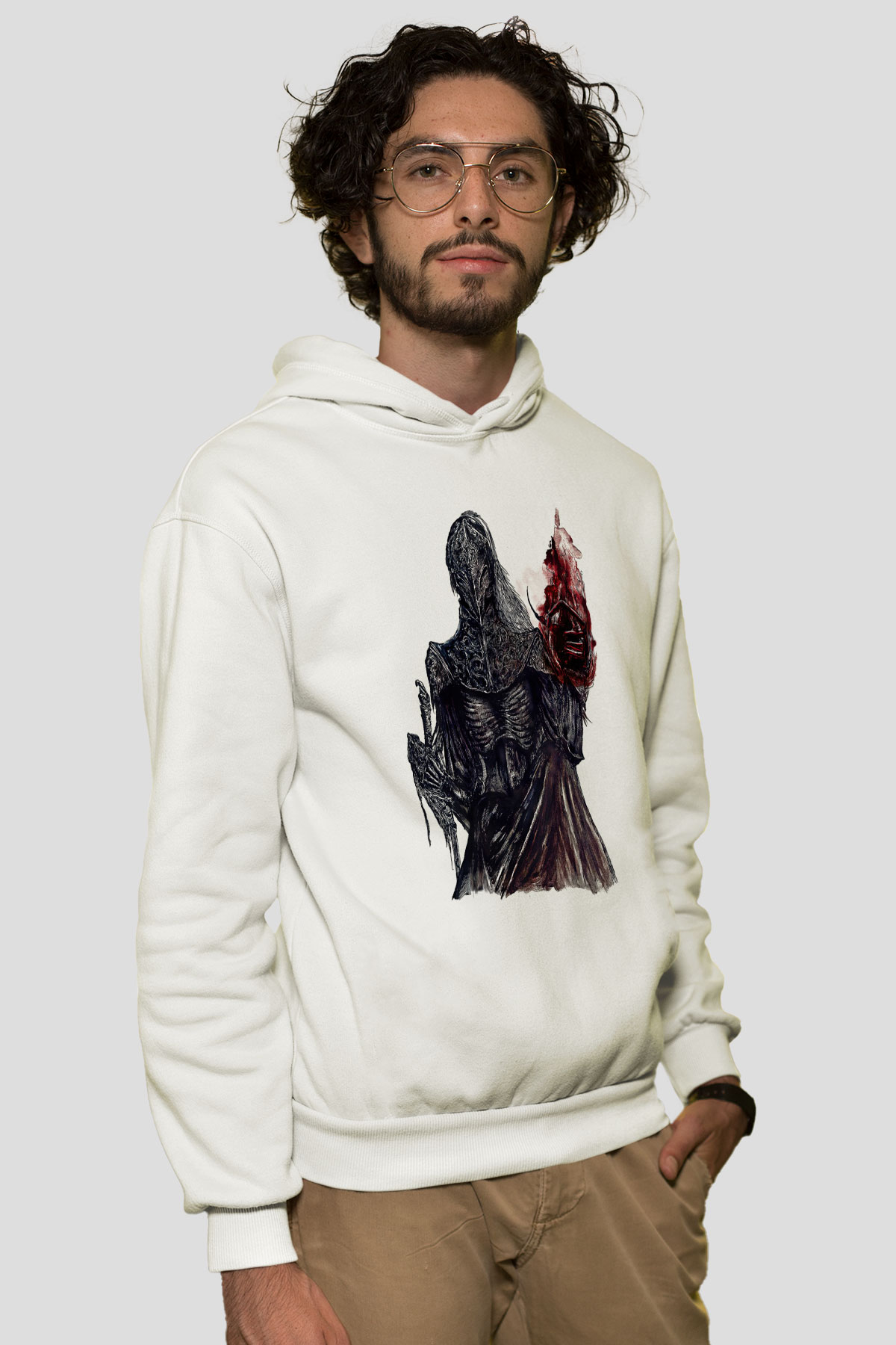 Dark Souls Baskılı Beyaz Unisex Kapüşonlu Sweatshirt