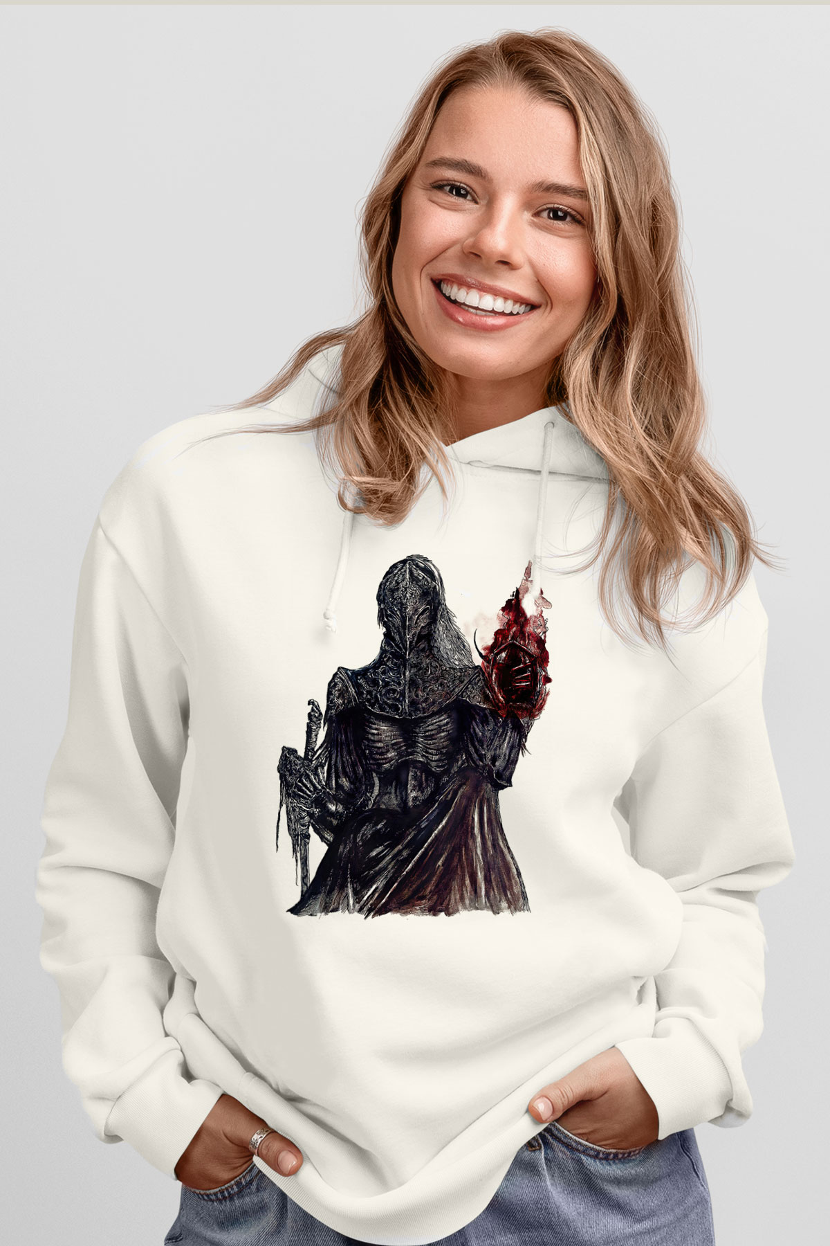 Dark Souls Baskılı Beyaz Unisex Kapüşonlu Sweatshirt
