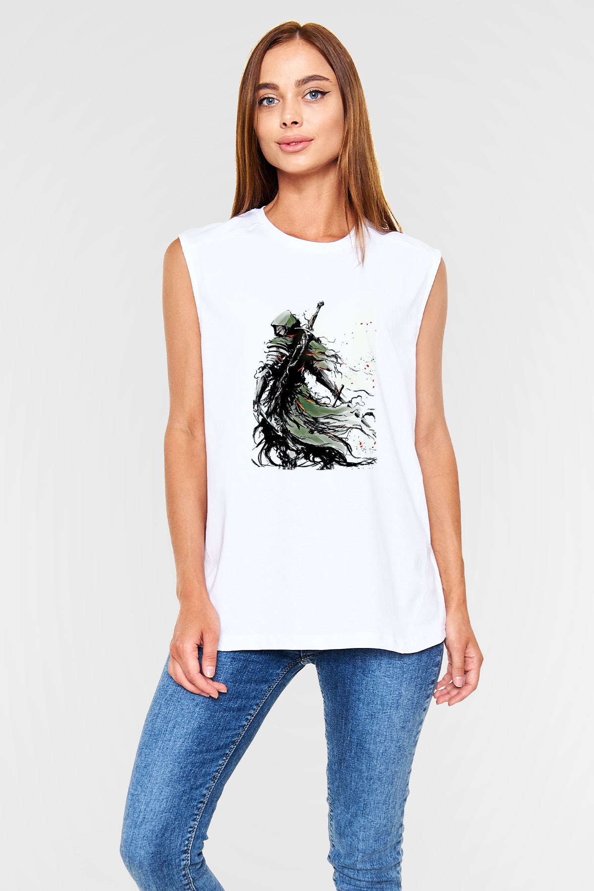 Dark Souls Baskılı Beyaz Unisex Kolsuz Tişört - Tshirt