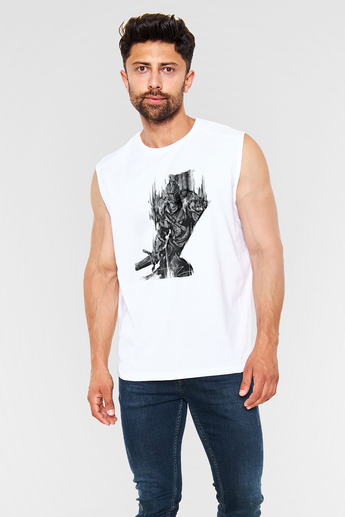 Dark Souls Baskılı Beyaz Unisex Kolsuz Tişört - Tshirt