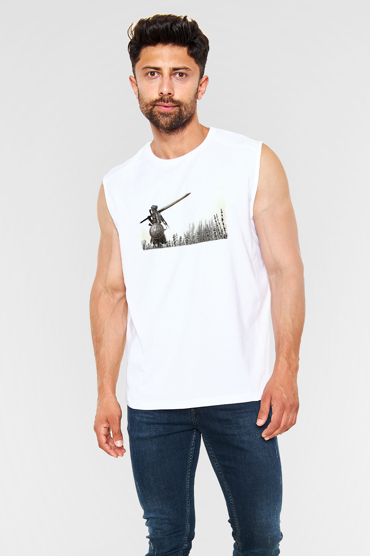 Dark Souls Baskılı Beyaz Unisex Kolsuz Tişört - Tshirt
