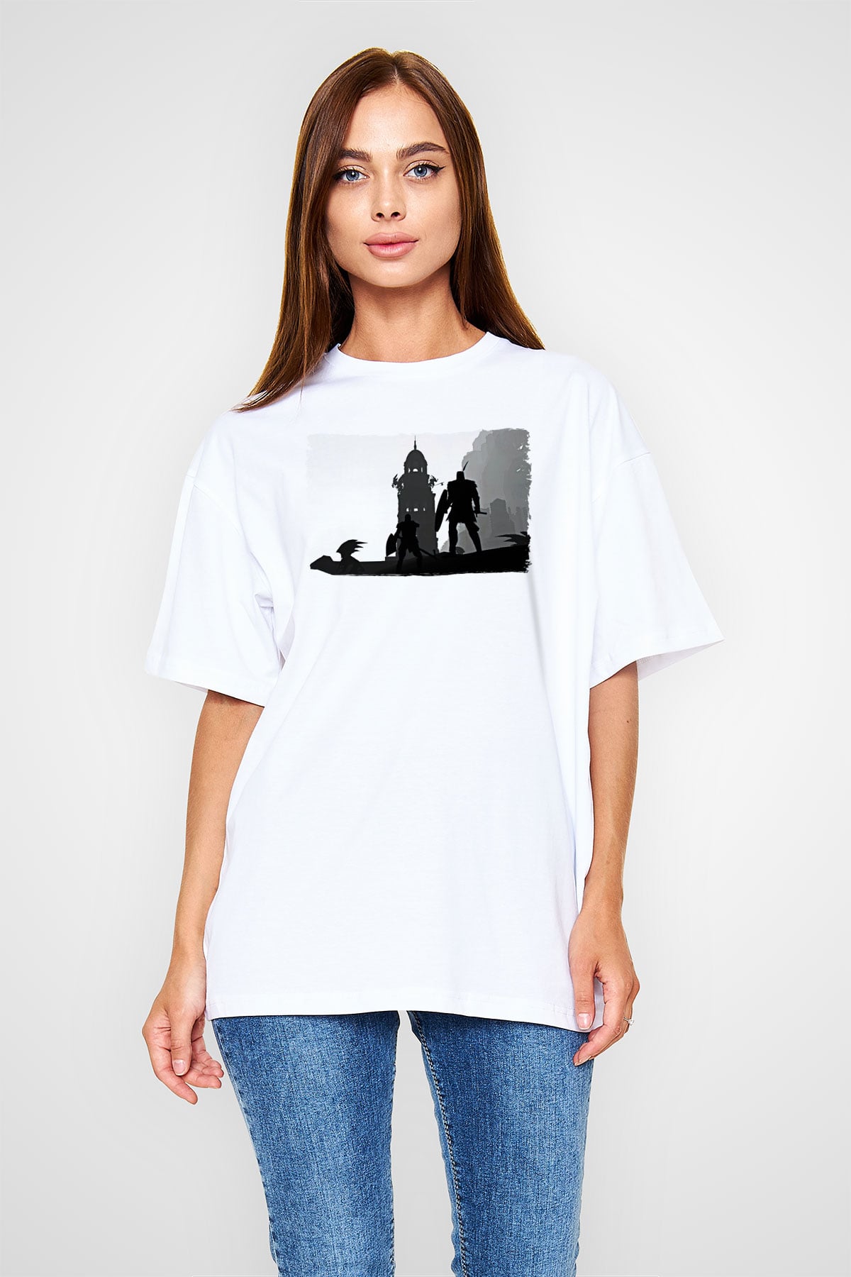 Dark Souls Baskılı Beyaz Unisex Oversize Tişört - Tshirt