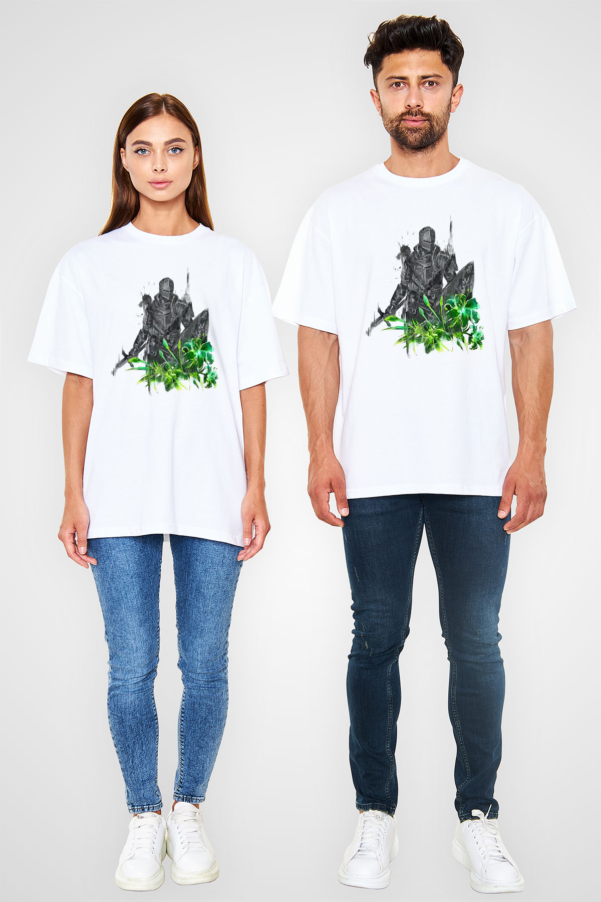 Dark Souls Baskılı Beyaz Unisex Oversize Tişört - Tshirt