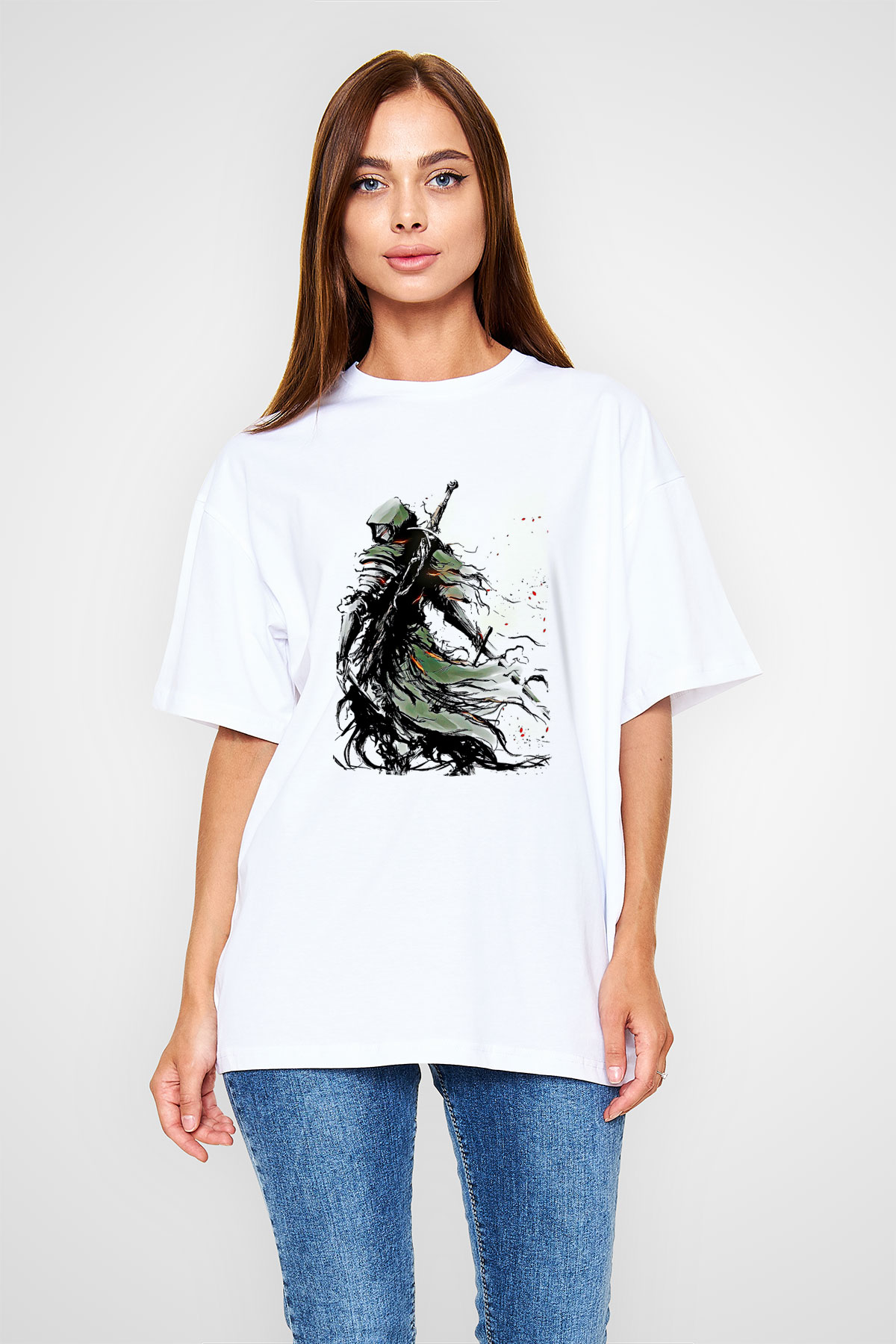 Dark Souls Baskılı Beyaz Unisex Oversize Tişört - Tshirt