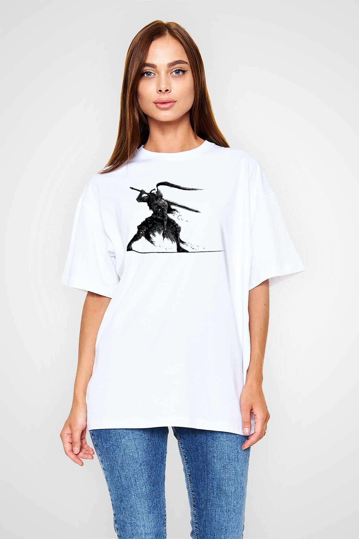 Dark Souls Baskılı Beyaz Unisex Oversize Tişört - Tshirt